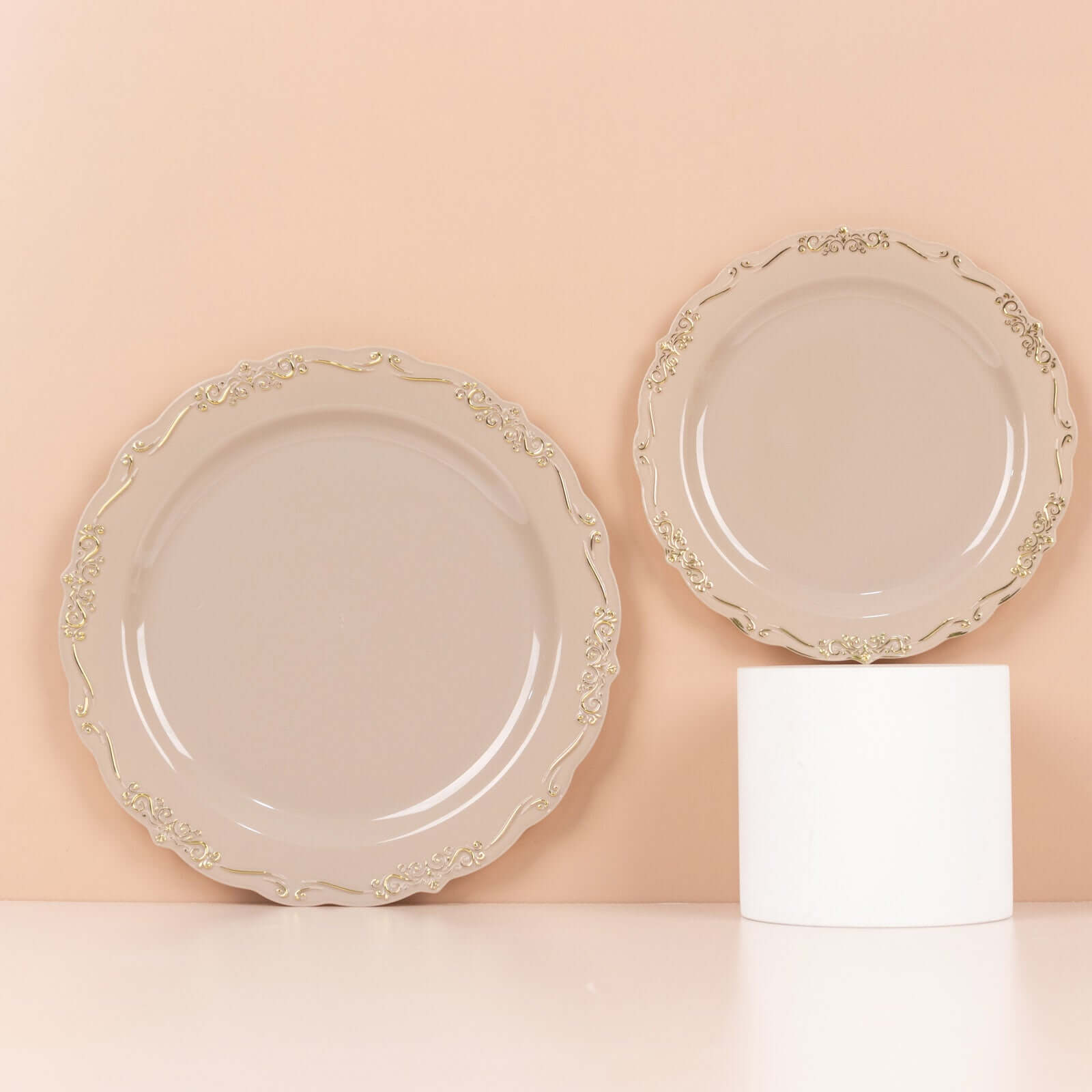 10-Pack Taupe Plastic Round Dessert Plates with Gold Vintage Embossed Scalloped Edge