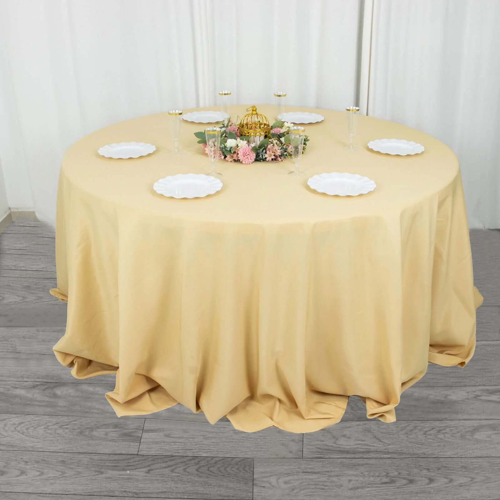 Champagne 132' Seamless Premium Polyester Round Tablecloth - 220GSM Wrinkle-Resistant