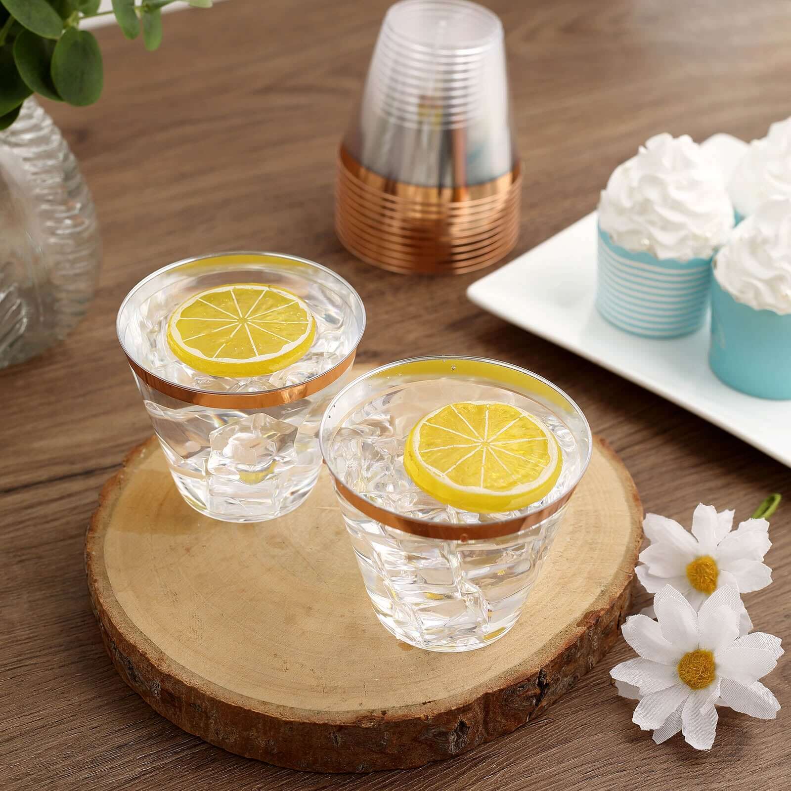 Hot Sale! 12-Pack 10oz Clear Plastic Party Squat Cups with Rose Gold Rim for Special Occasions