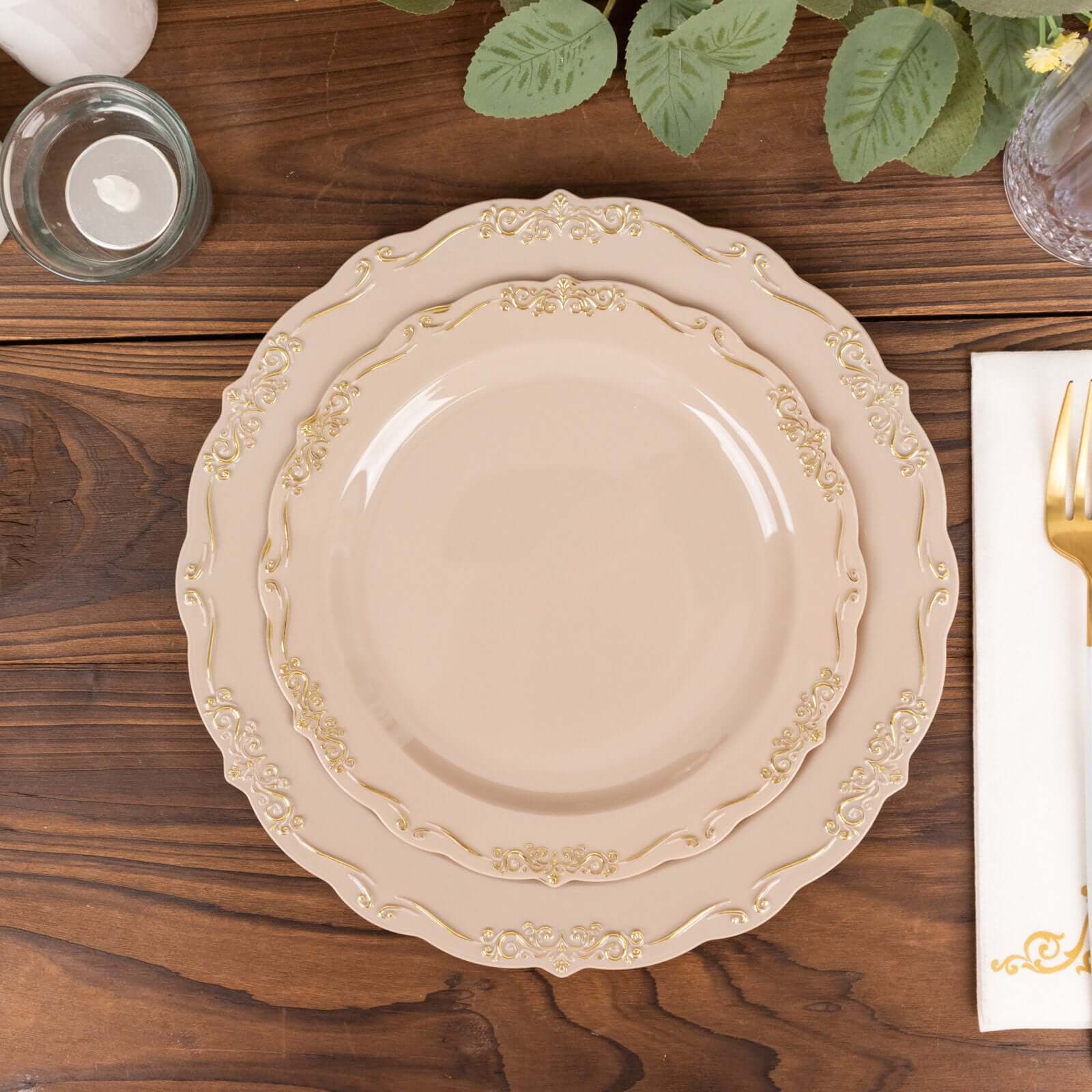 10-Pack Taupe Plastic Round Dessert Plates with Gold Vintage Embossed Scalloped Edge