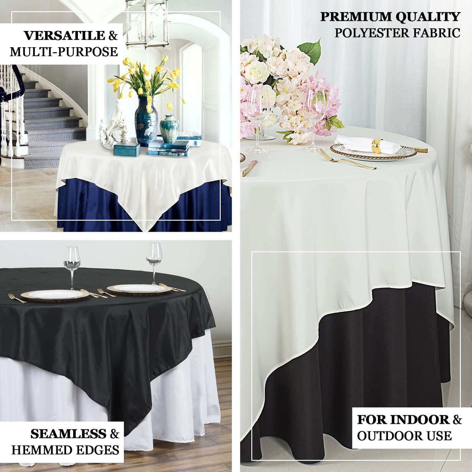 Black 90x90 Square Polyester Table Overlay - Wrinkle-Free & Long-Lasting for Events