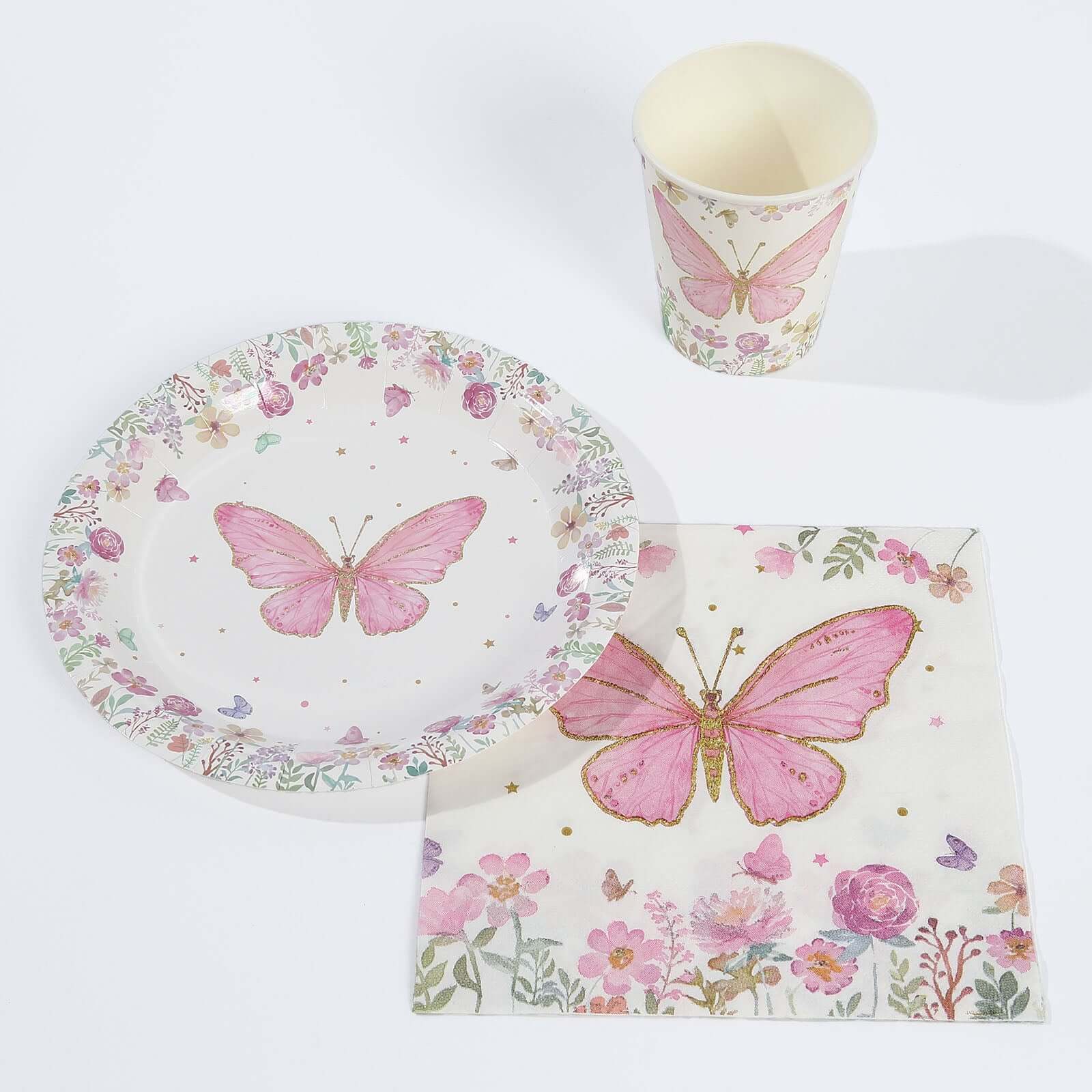 96-Piece Disposable Paper Dinnerware Set with Butterfly Print in White and Pink