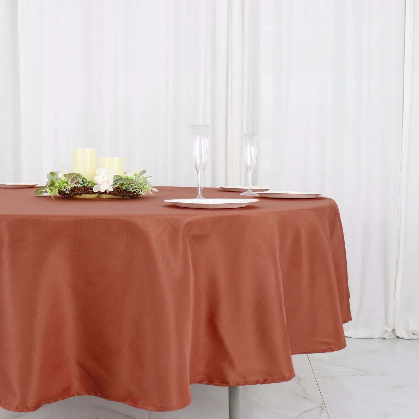 Hot! 90' Round Terracotta Polyester Tablecloth - Stain & Wrinkle Free
