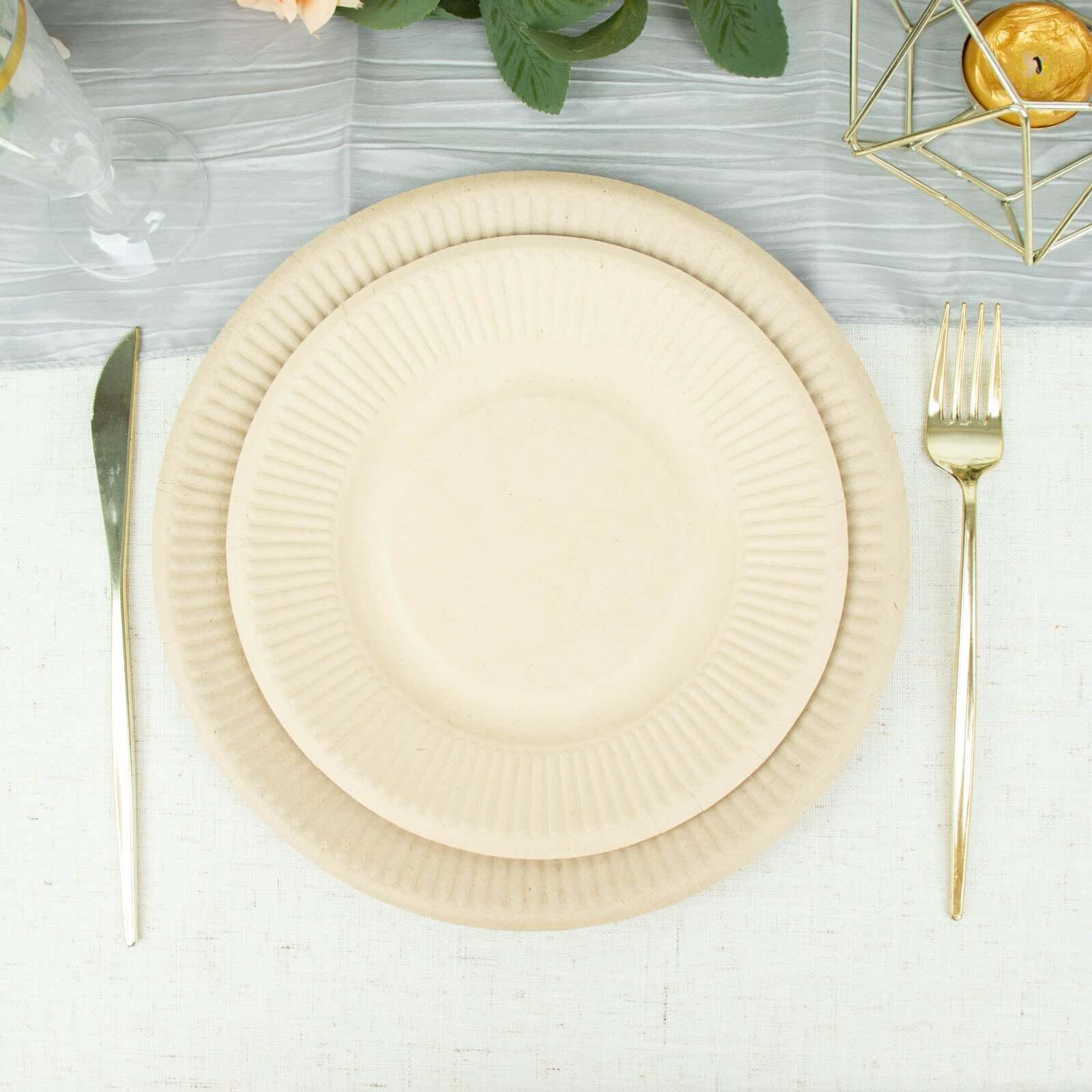 50-Piece Set of Natural 8-Inch Round Bagasse Dessert Plates with Ribbed Edge