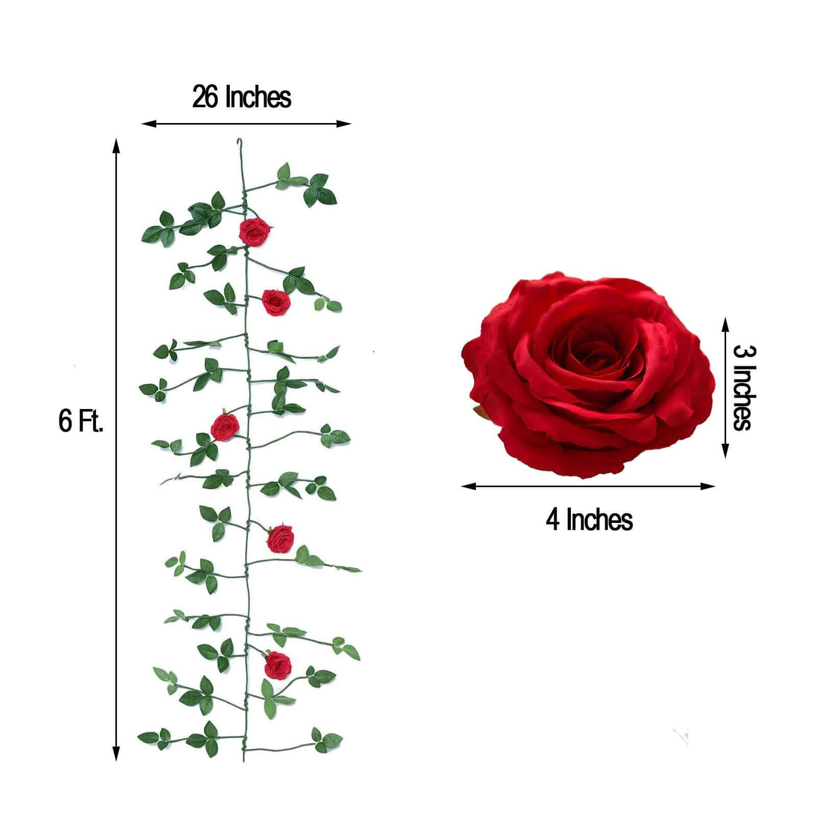 6ft Realistic Red Silk Artificial Rose and Leaf Flower Garland Vine
