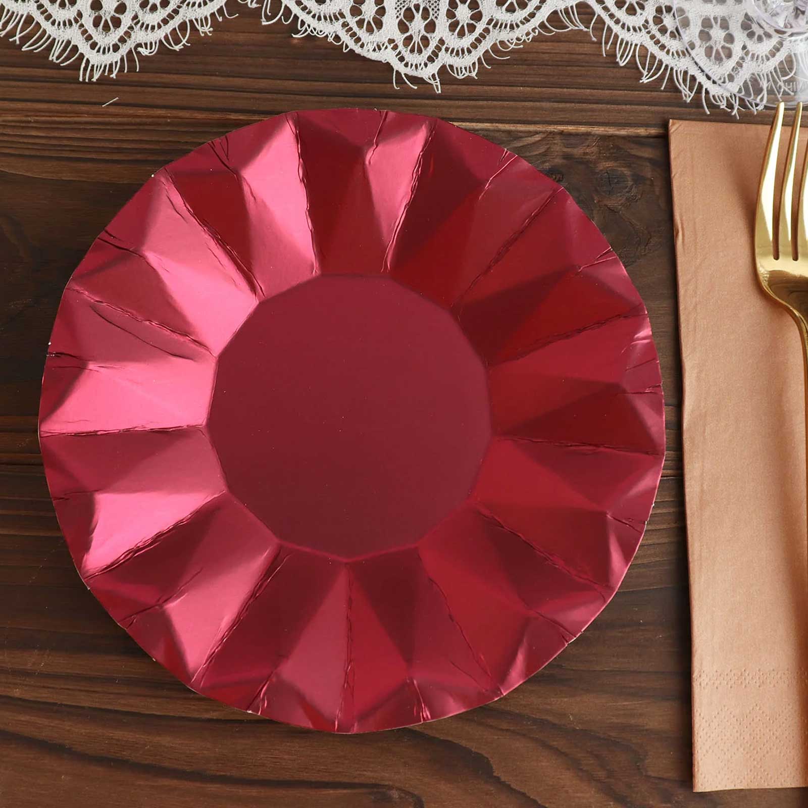 25-Pack 7-Inch Disposable Burgundy Round Dessert Plates with Geometric Prism Rim, 400GSM