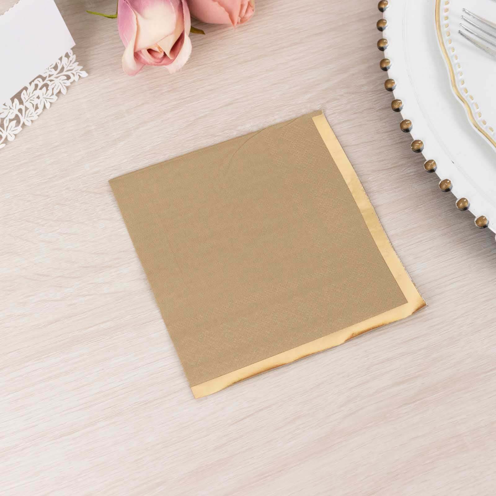 50-Piece 2-Ply Disposable Soft 18GSM Natural Paper Cocktail Napkins with Gold Foil Edge 5x5
