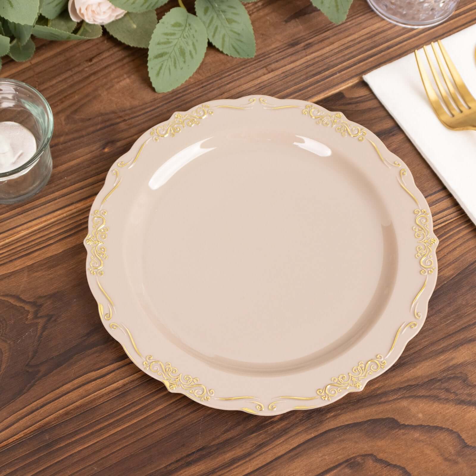 10-Pack Taupe Plastic Round Dessert Plates with Gold Vintage Embossed Scalloped Edge