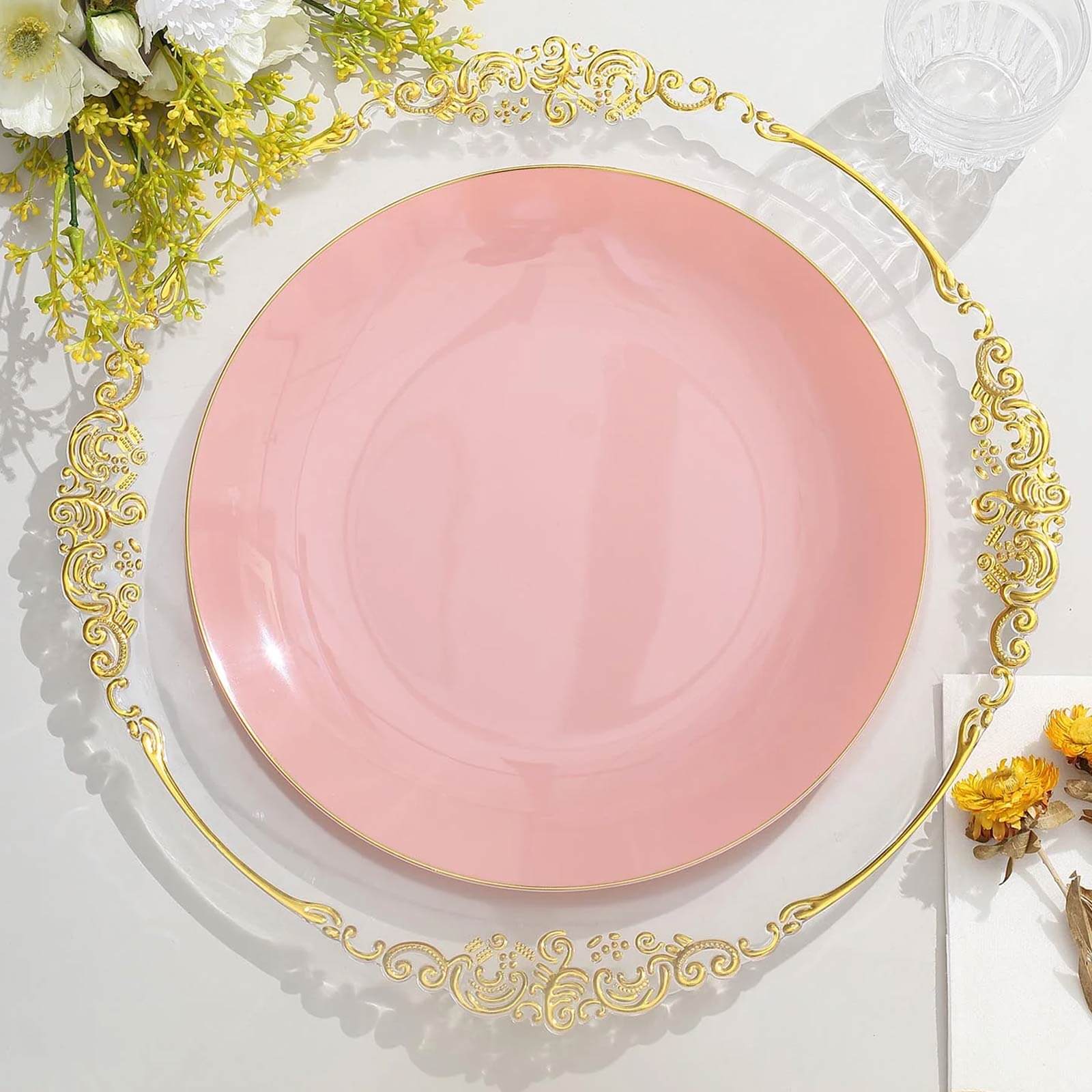 10-Piece Set of Glossy Disposable Dusty Rose Plastic Dinner Plates with Gold Rim