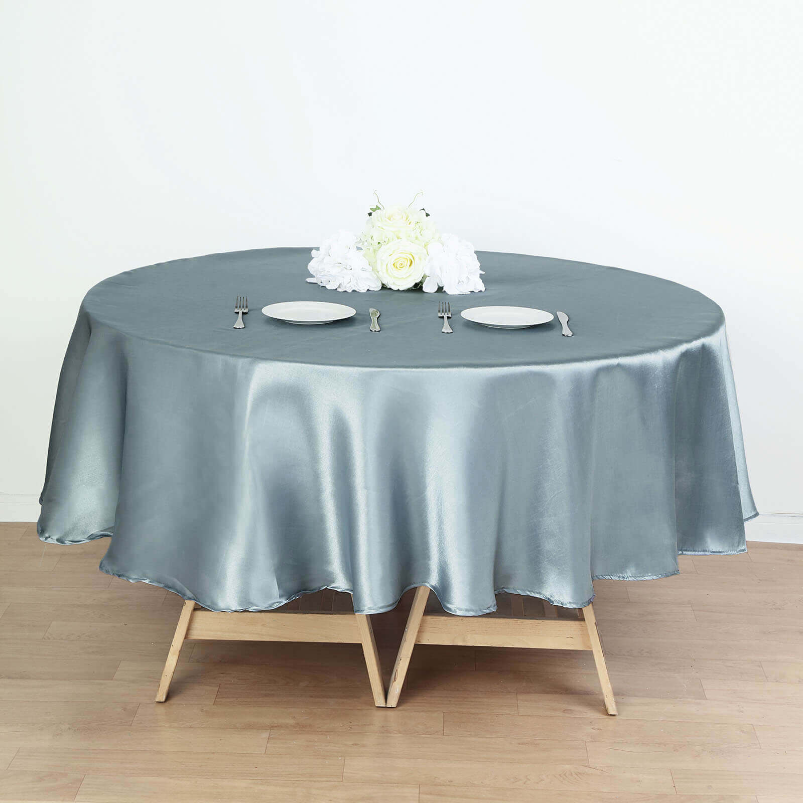 Exclusive 90-Inch Dusty Blue Satin Round Tablecloth for Special Occasions