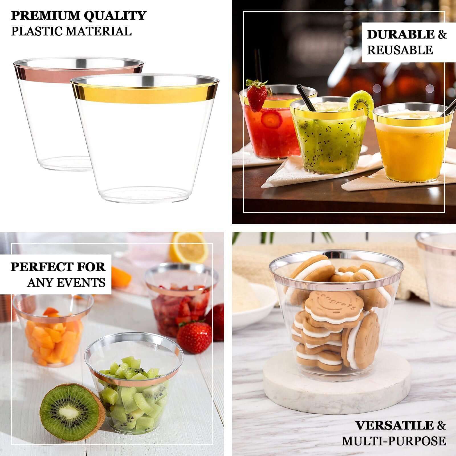 Hot Sale! 12-Pack 10oz Clear Plastic Party Squat Cups with Rose Gold Rim for Special Occasions