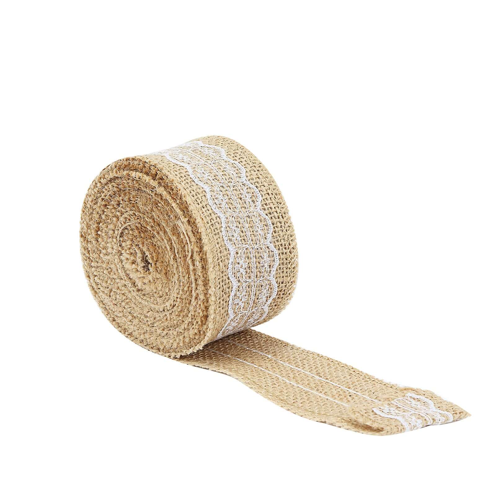 Pair of 16FT Natural Jute Burlap Ribbons with Wavy Lace Trim