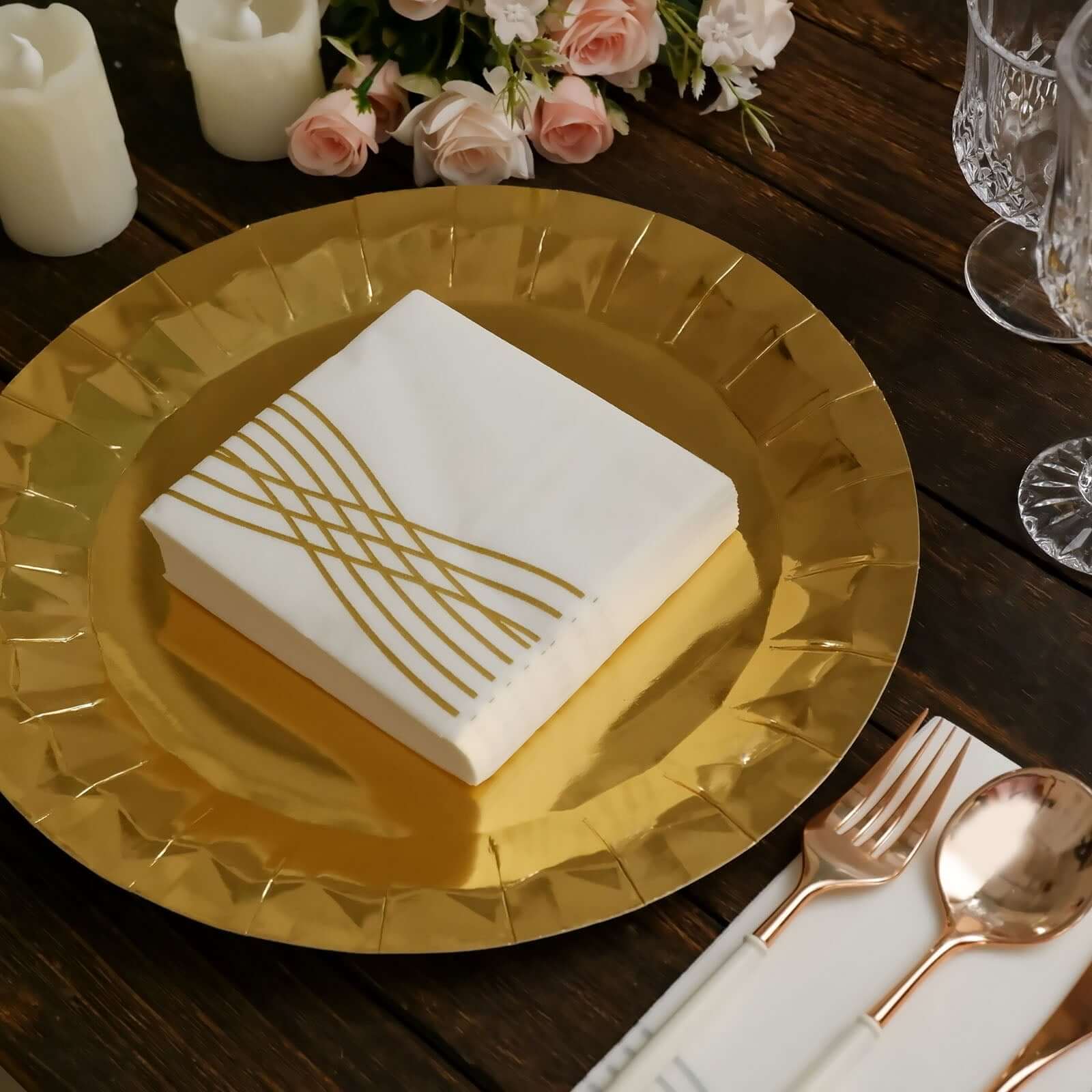20-Piece Set of White Airlaid Cocktail Napkins with Gold Foil Wave Design