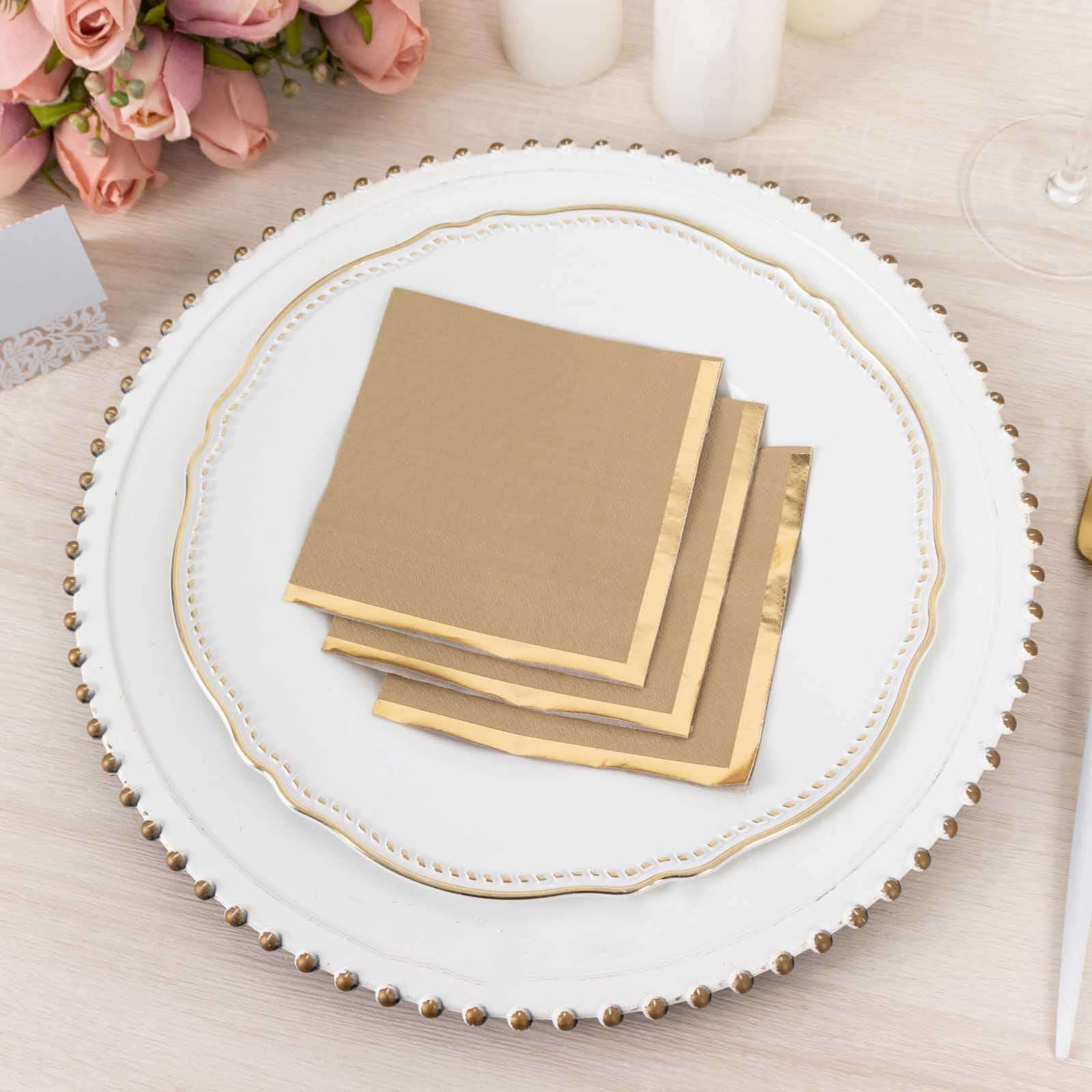 50-Piece 2-Ply Disposable Soft 18GSM Natural Paper Cocktail Napkins with Gold Foil Edge 5x5