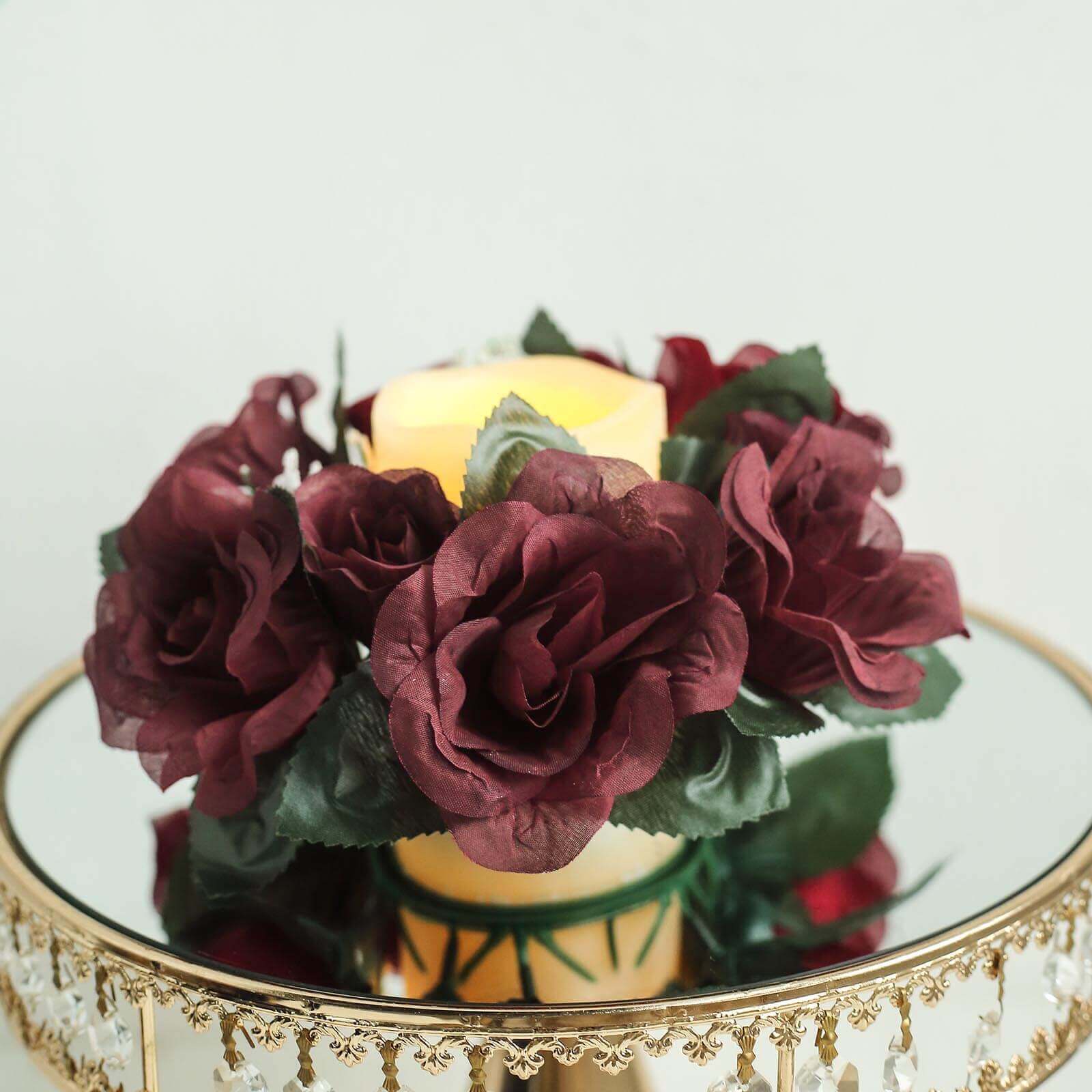4-Pack Burgundy Artificial Silk Rose Flower Candle Rings - Ideal Decor!