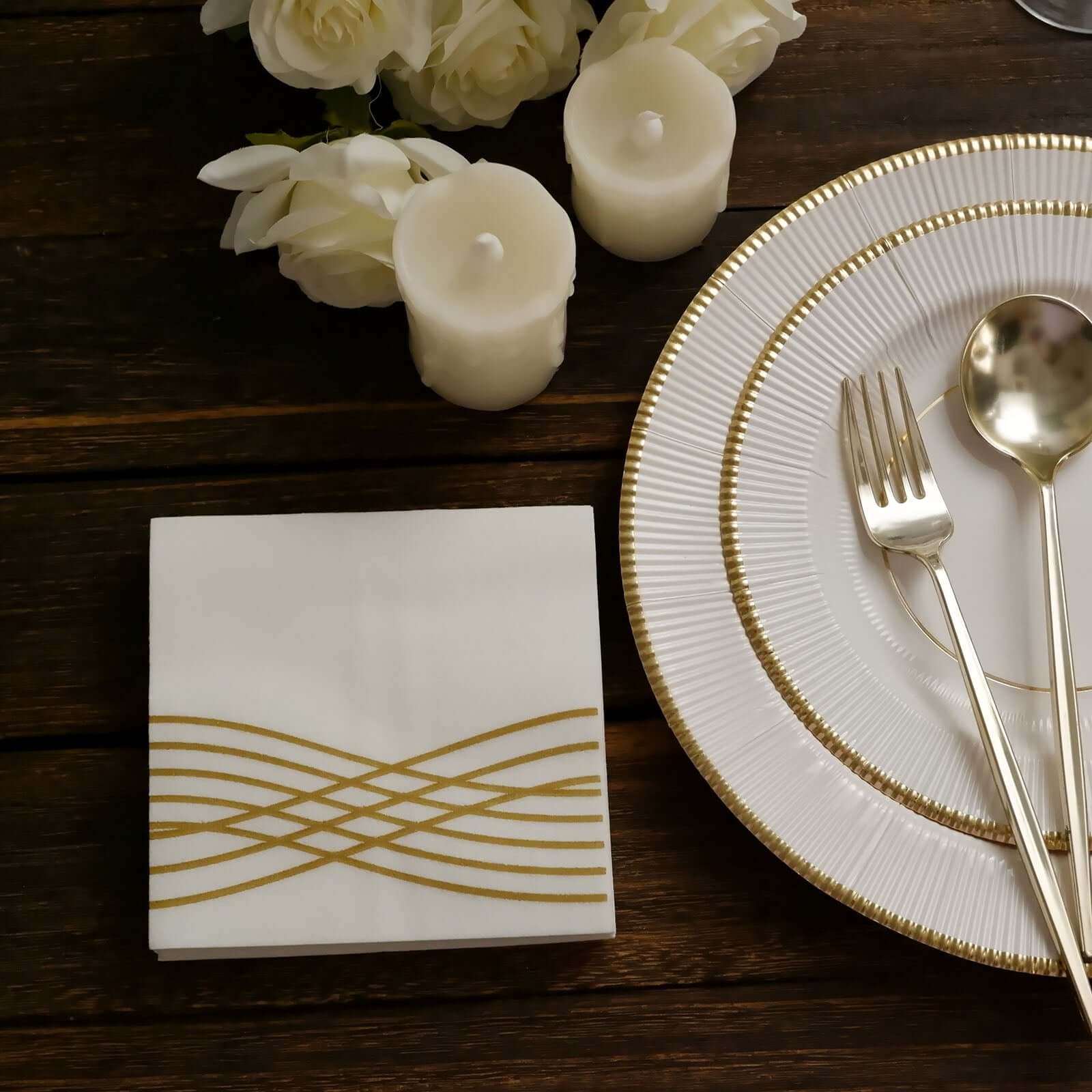 20-Piece Set of White Airlaid Cocktail Napkins with Gold Foil Wave Design