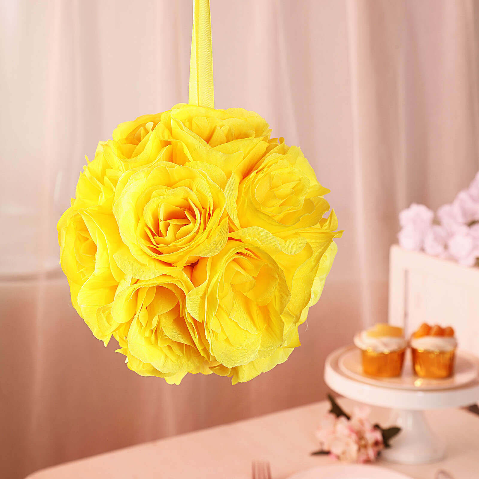 2-Pack 7-Inch Yellow Artificial Silk Rose Kissing Balls, Ideal Faux Flower Decor for Parties