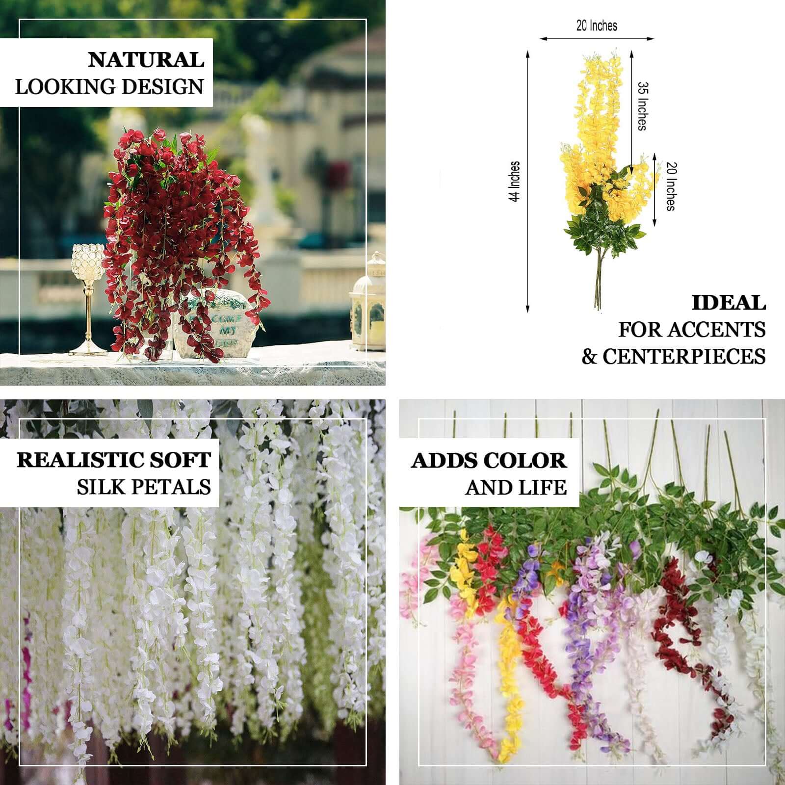 5-Pack Yellow Silk Wisteria Flower Garland Vines, 3 Hanging Strands per Bush, 44 Feet Long
