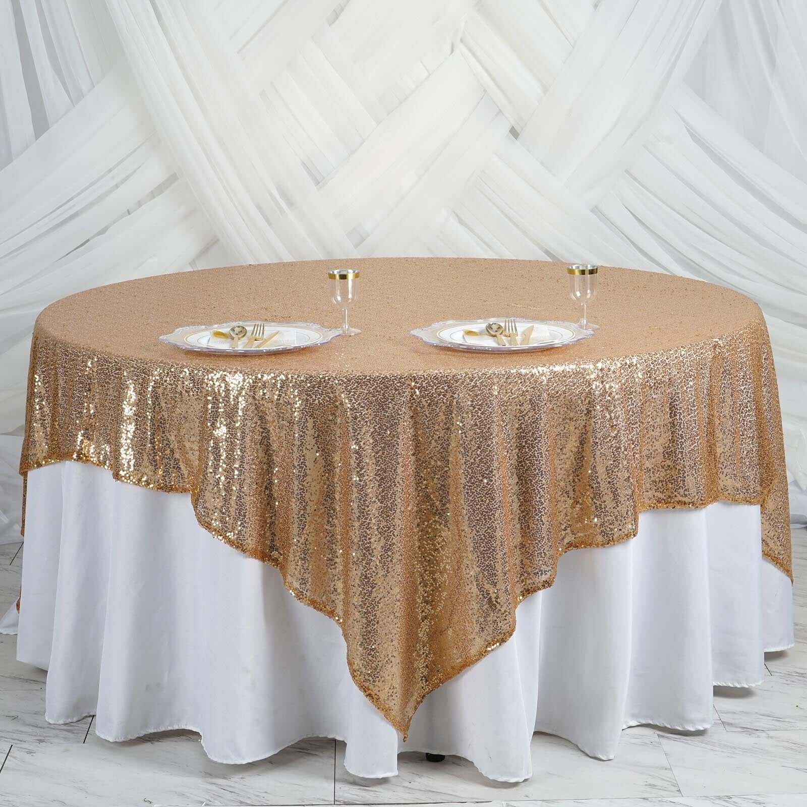 Sparkly Gold Sequin 90x90 Square Table Overlay for Stylish Celebrations