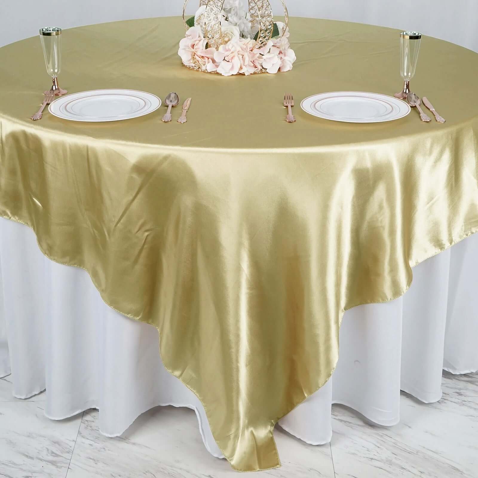 Champagne Satin 90x90 Square Table Overlay with Smooth Finish