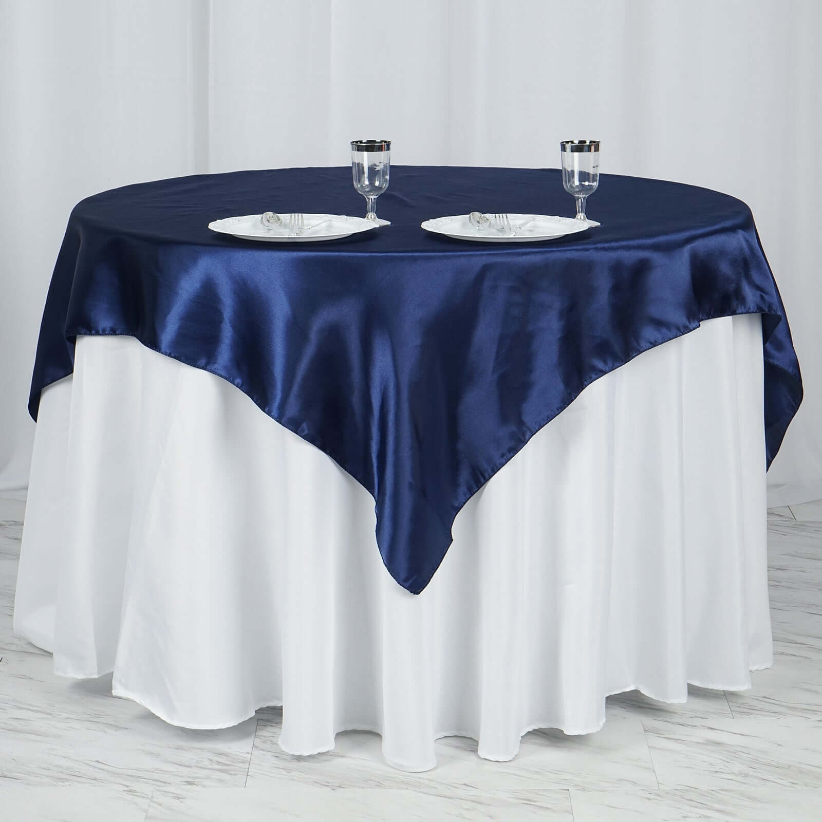 Navy Blue Satin 60x60 Square Table Overlay - Soft Silky Touch, Great for Decor