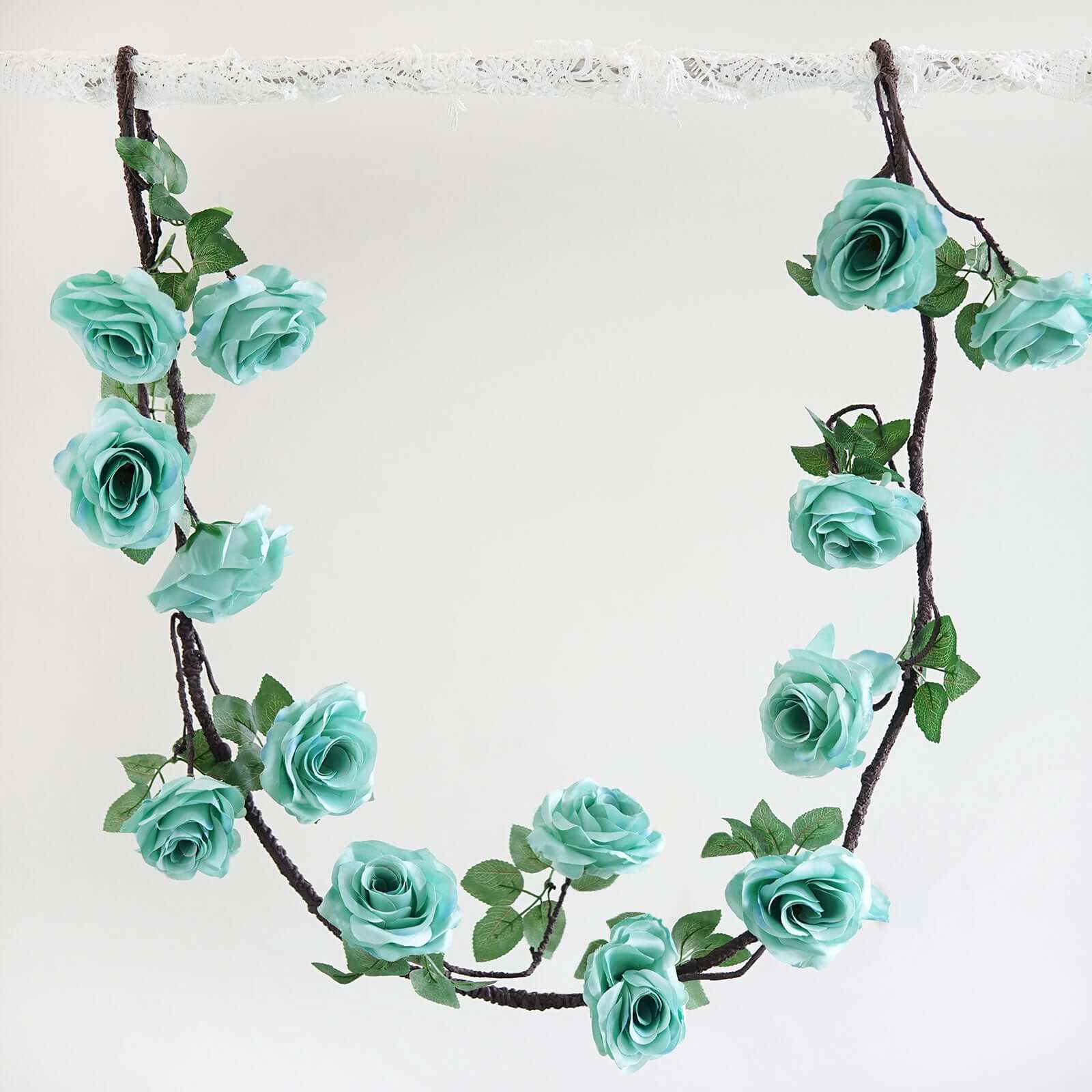 6ft Lifelike Aqua Turquoise Artificial Silk Rose Hanging Garland with 14 Flowers