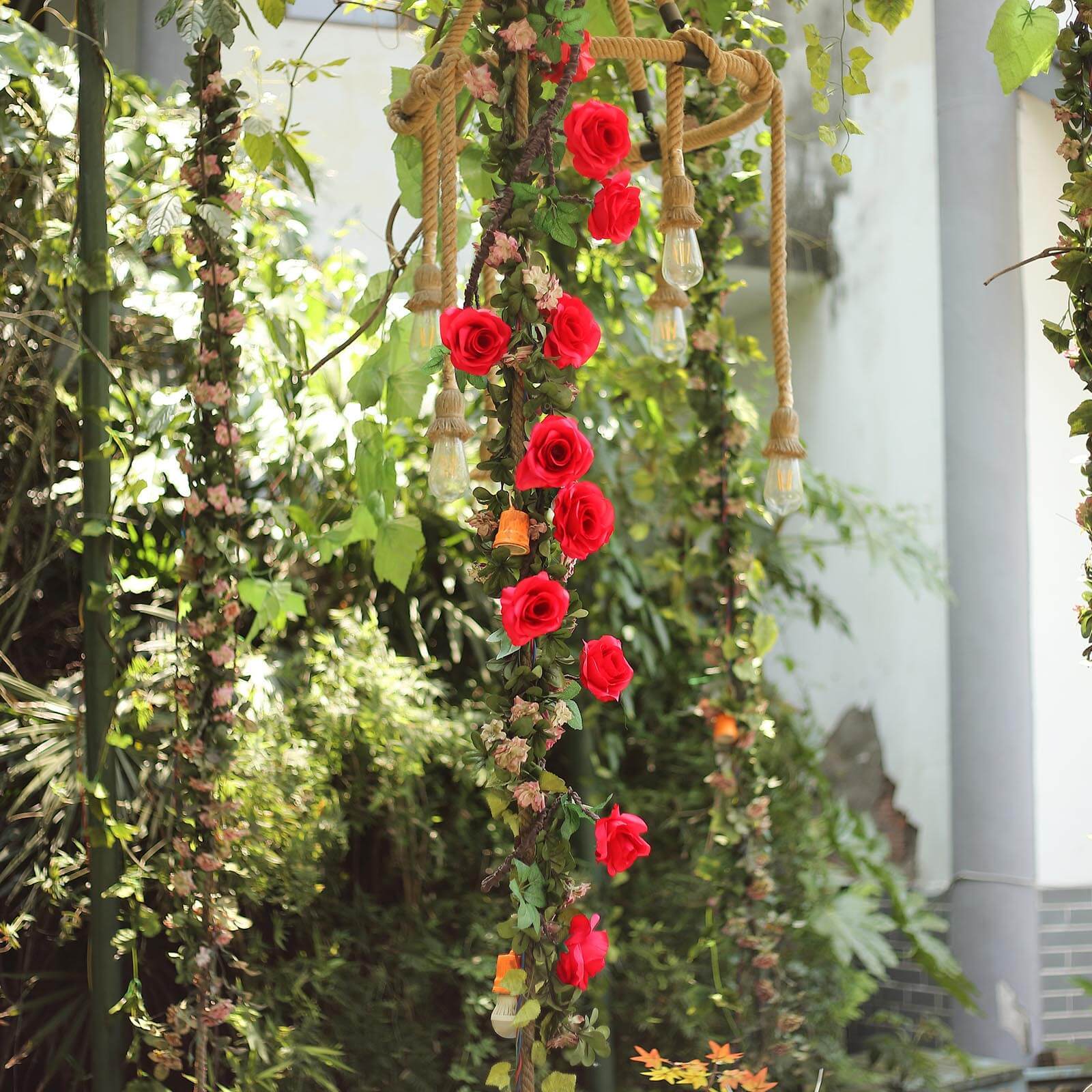Hot Sale! 6ft Long Red Artificial Silk Rose Hanging Garland, Faux Vine for Decor