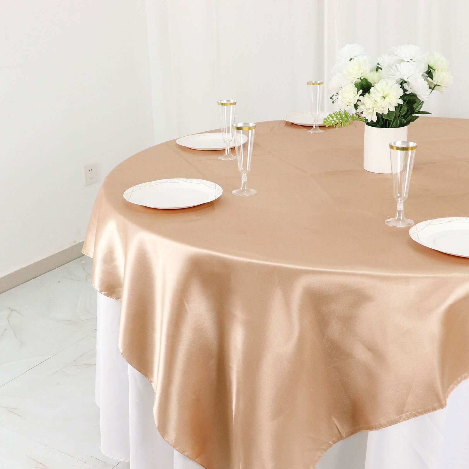 Nude Satin 72x72 Square Table Overlay - Smooth Finish Table Cover for Special Occasions