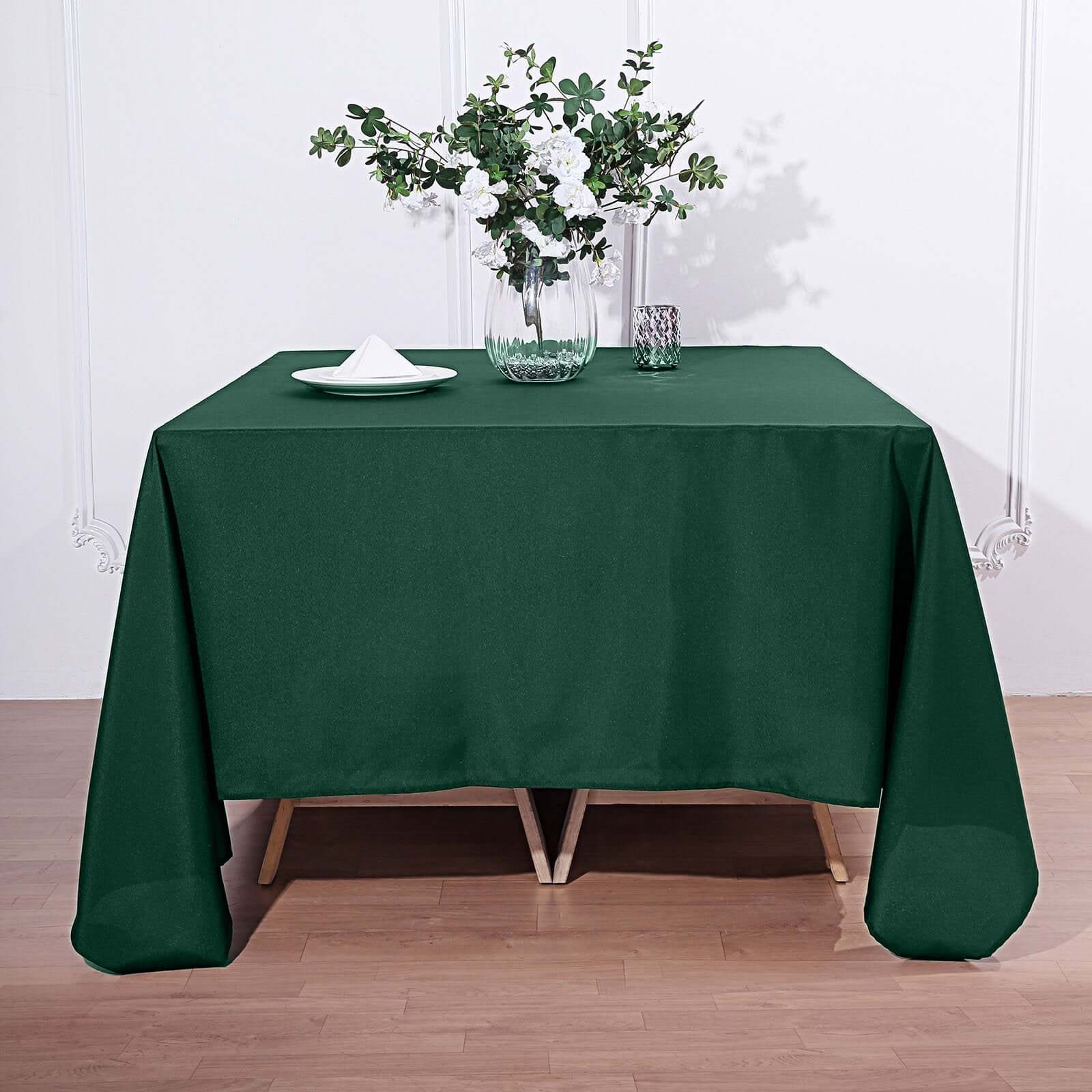 Get Your Durable & Wrinkle-Resistant 90x90 Polyester Square Tablecloth in Hunter Emerald Green