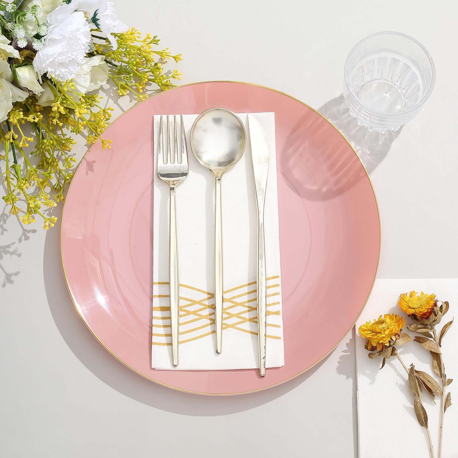 10-Piece Set of Glossy Disposable Dusty Rose Plastic Dinner Plates with Gold Rim