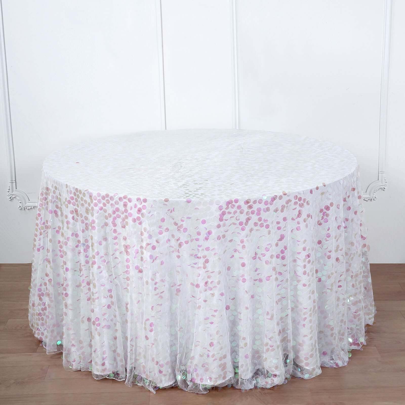 120-Inch Iridescent Seamless Big Payette Sequin Round Tablecloth for 5-Foot Tables