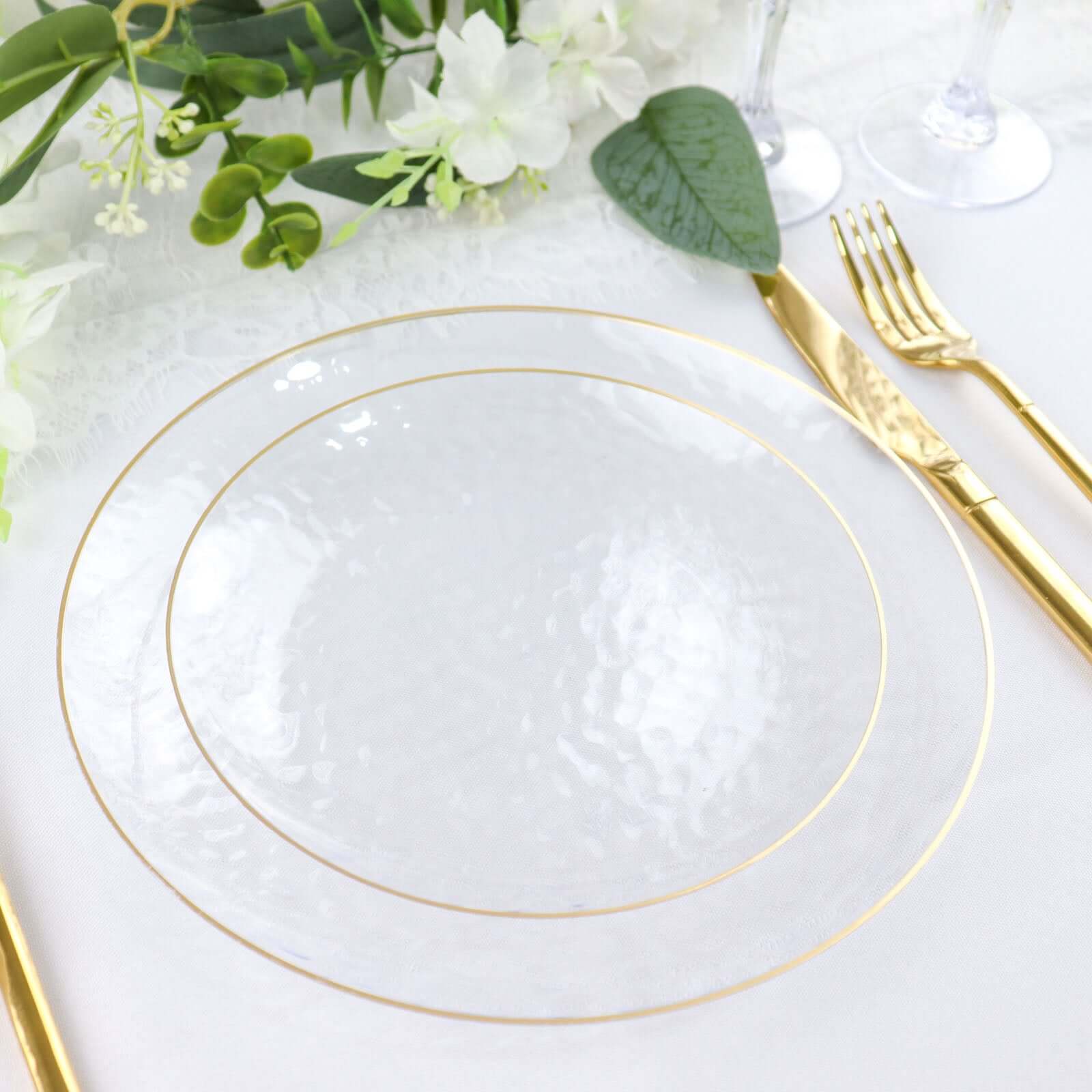 Hot Deal! 10-Pack Clear Plastic Round Dessert Plates with Hammered Gold Rim - Disposable & Modern