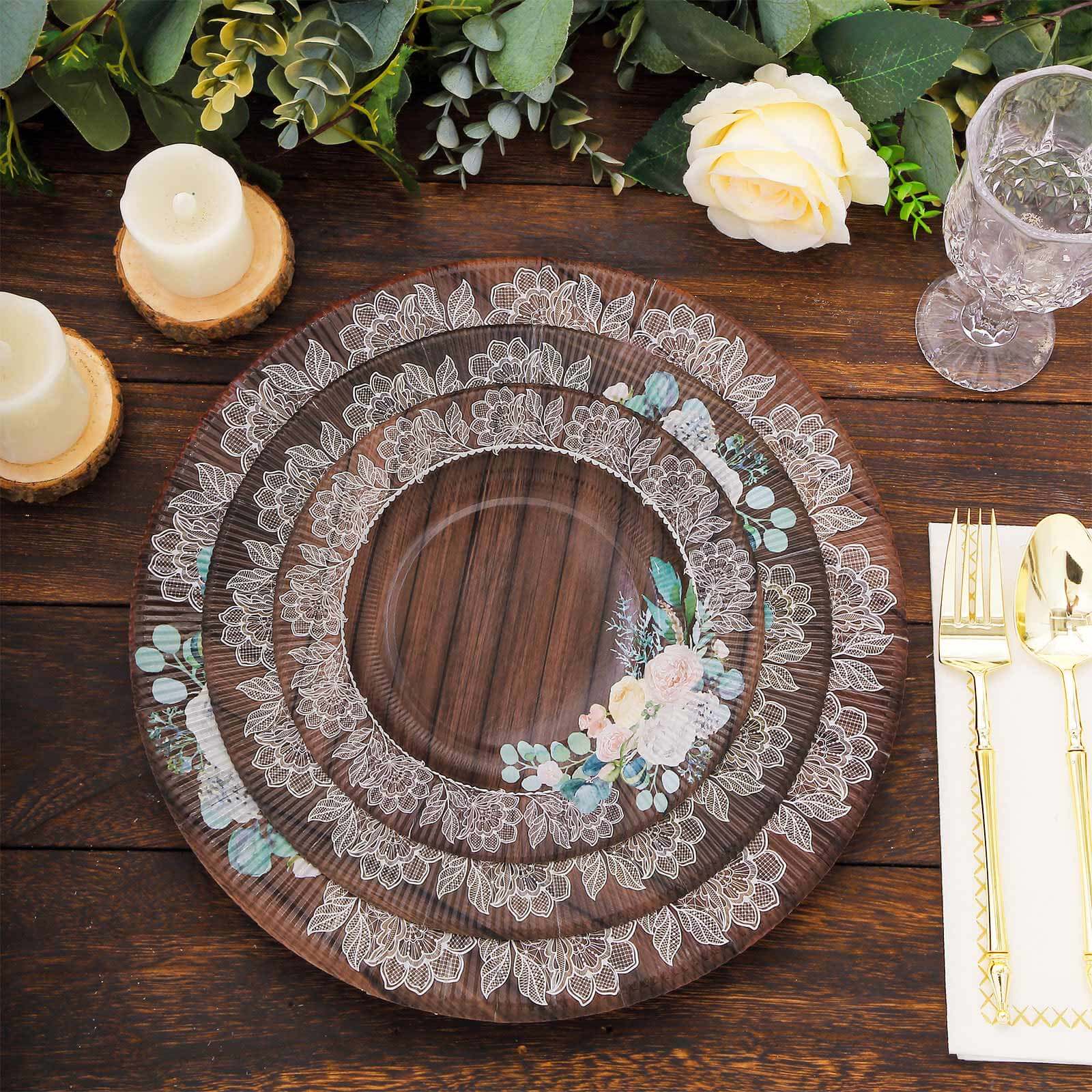 25-Piece Disposable 8-Inch Round Brown Wood Print Dessert Plates with Floral Lace Rim for Rustic Events