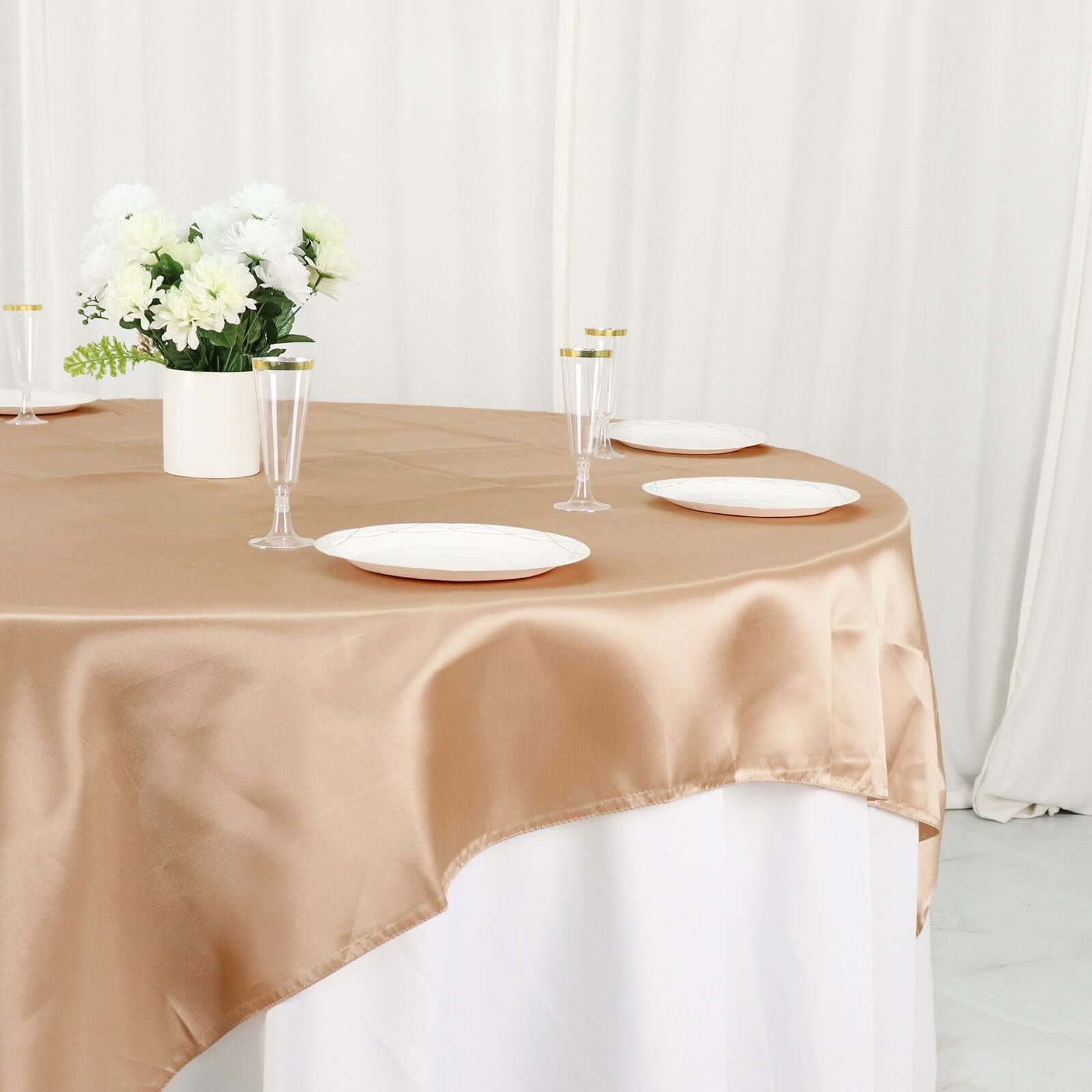 Nude Satin 72x72 Square Table Overlay - Smooth Finish Table Cover for Special Occasions