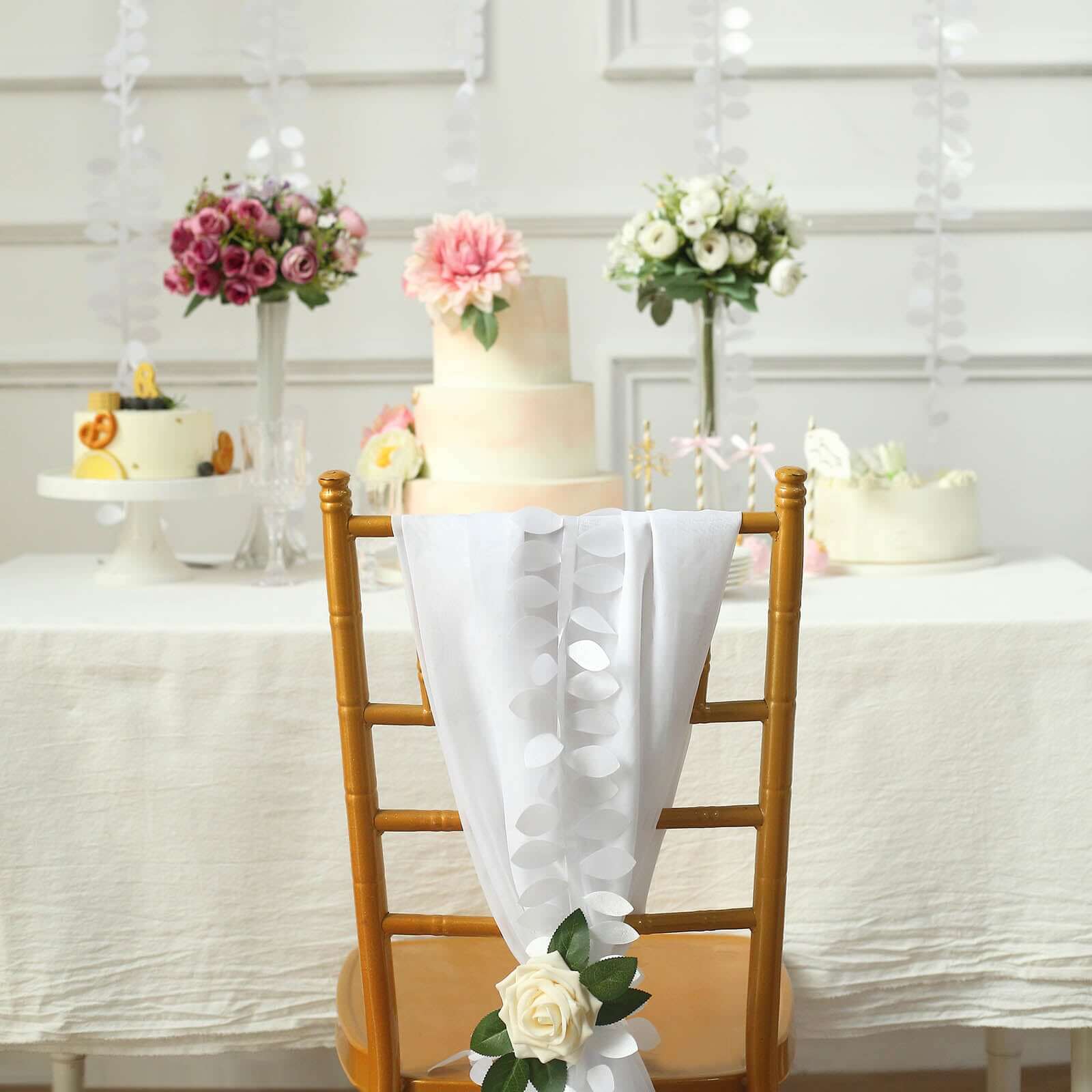 50ft White Taffeta Ribbon Sash with 4 - Leaf Petal Design for Elegant Events