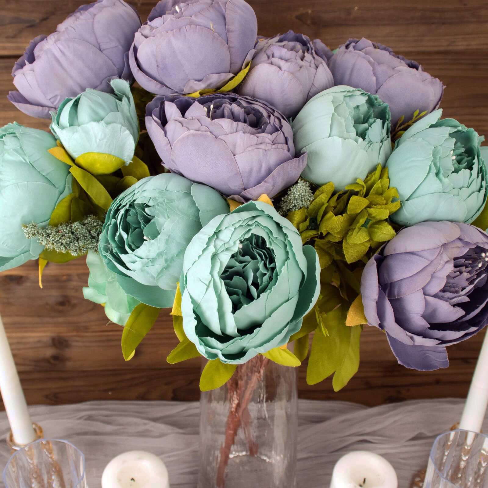 Hot Deal! 2-Pack 19-Inch Dusty Blue Artificial Peony Flower Bouquets for Weddings and Decor