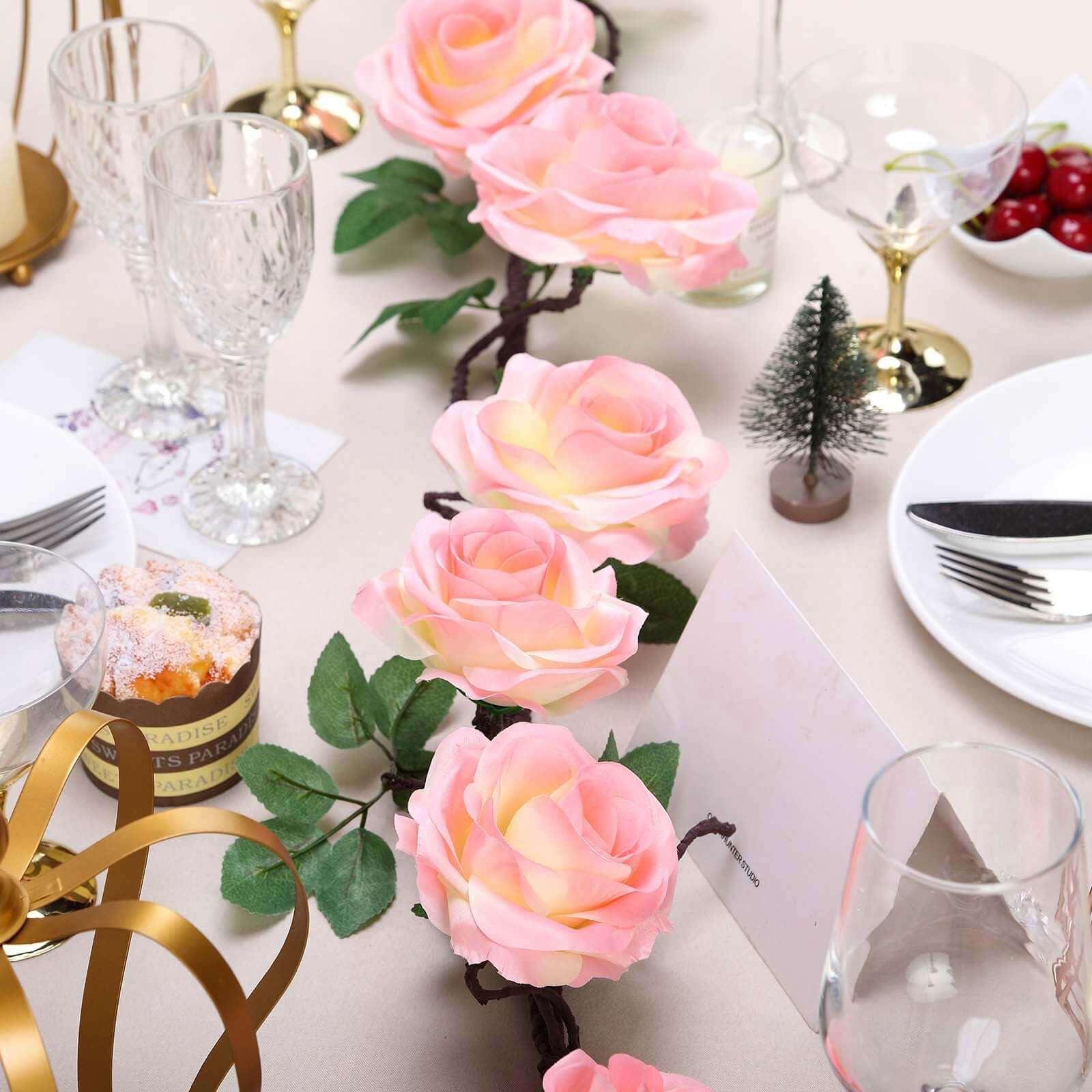 6ft Long Pink Artificial Silk Rose Garland with 14 Lifelike Flowers