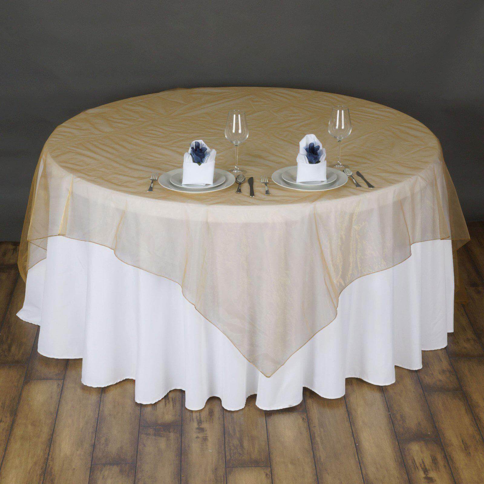 Gold Organza 72x72 Square Table Overlay - Ideal for Stylish Events