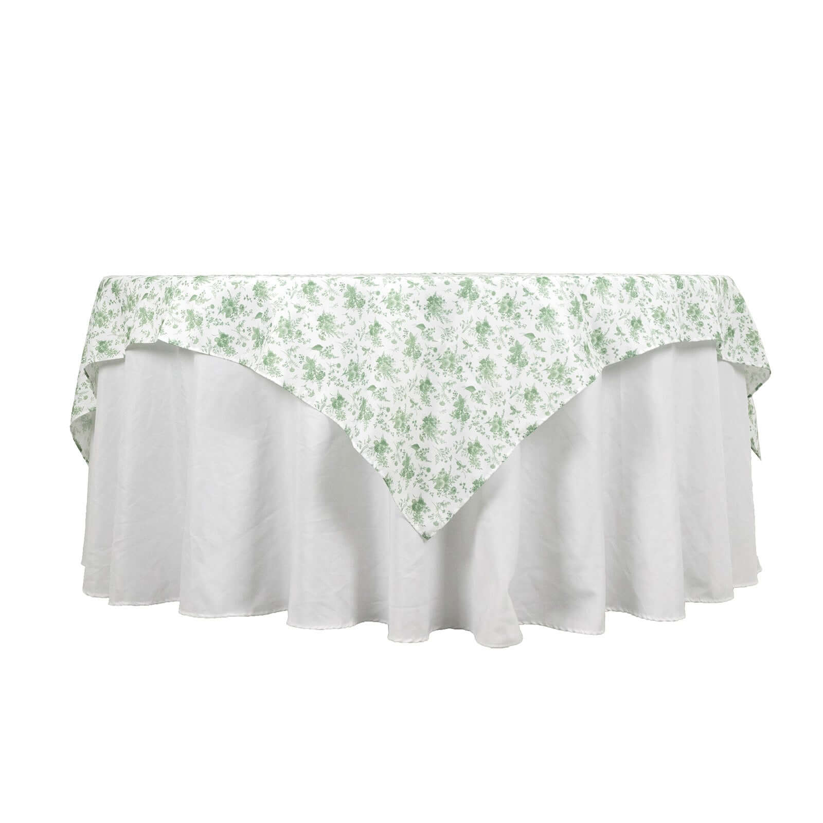 70x70 Polyester Square Table Overlay in Dusty Sage Green French Toile Pattern for Fine Dining