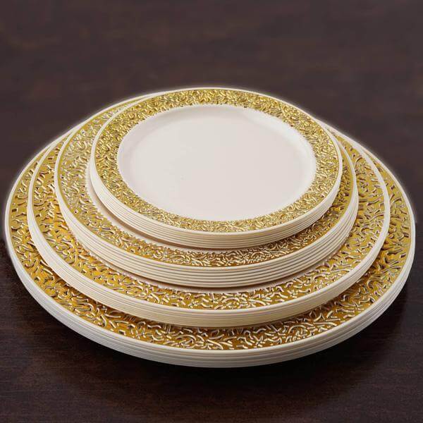 10-Pack Ivory Plastic Disposable Appetizer Plates with Gold Lace Rim, 6 Inches
