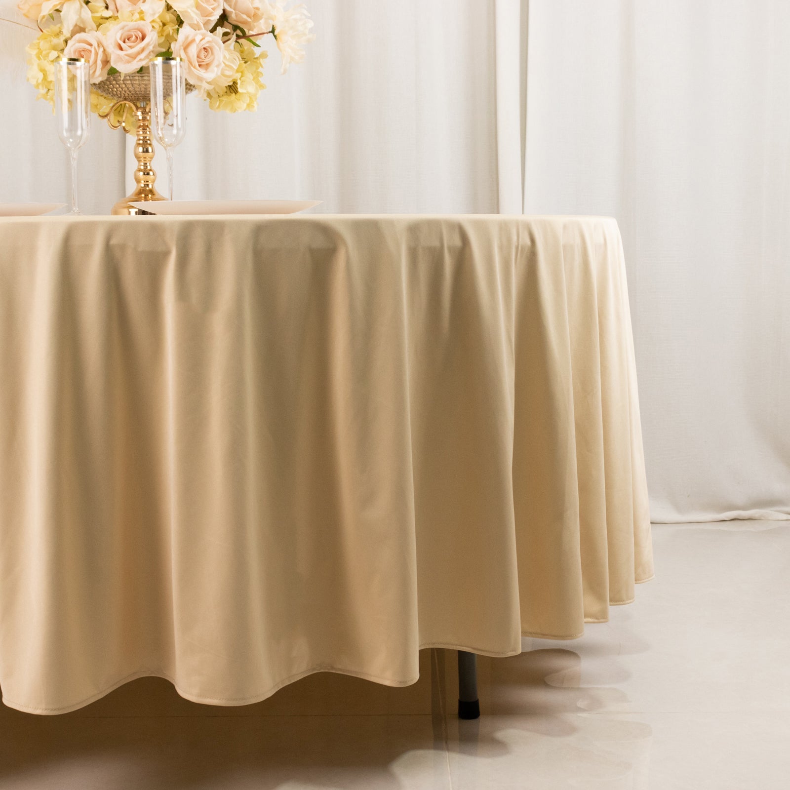 Hot! Premium Beige 108' Scuba Round Wrinkle & Stain-Free Tablecloth