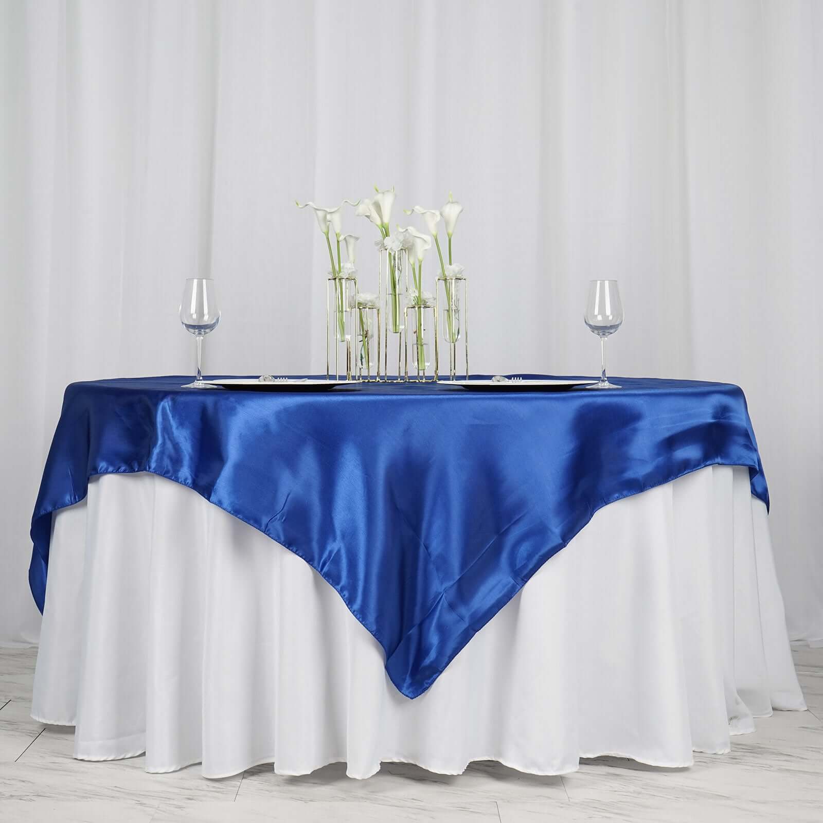 Royal Blue Satin 72x72 Square Table Overlay - Smooth Finish Table Cover for Events