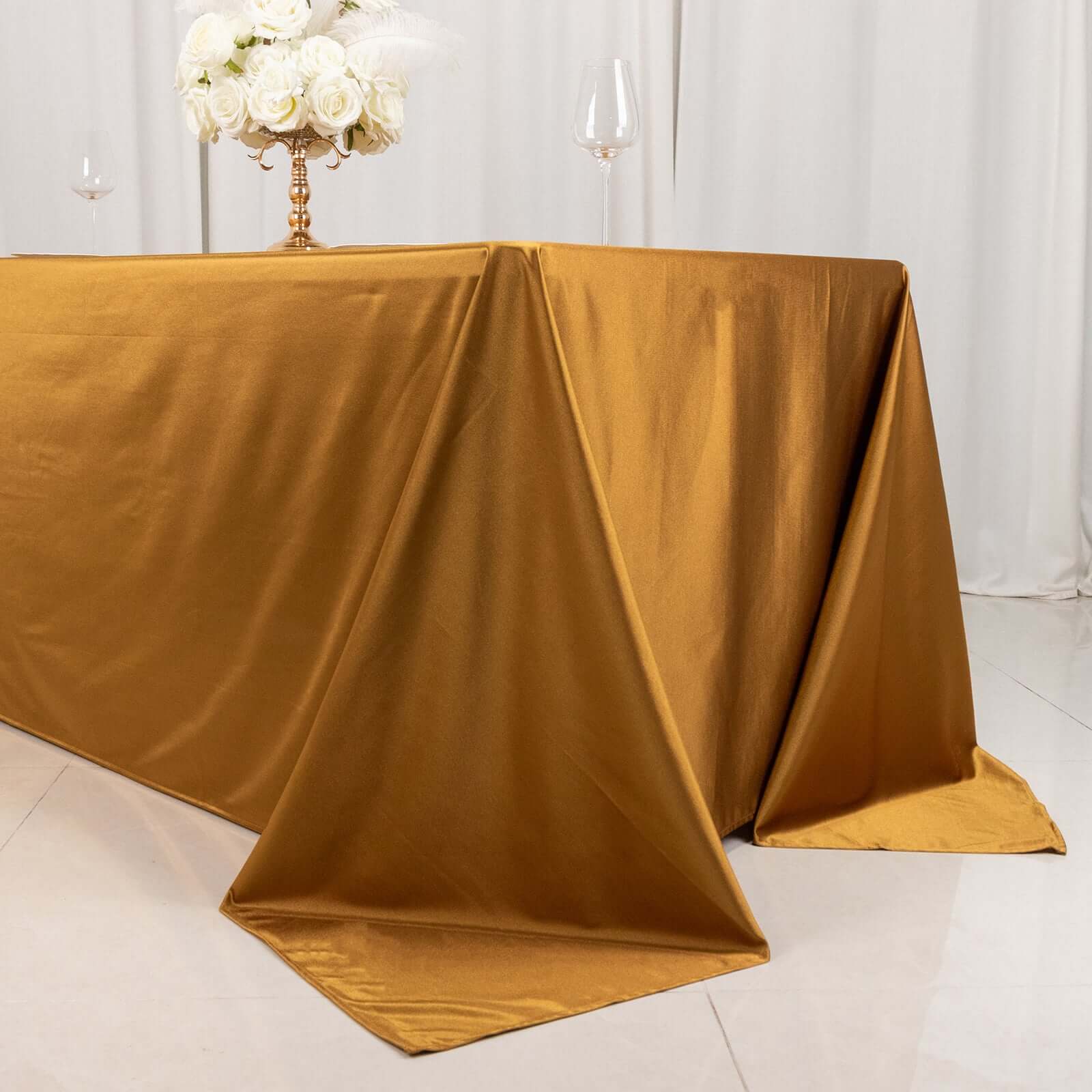 Shimmering Gold Premium Scuba Seamless 90x132 Wrinkle & Stain-Free Tablecloth for Events