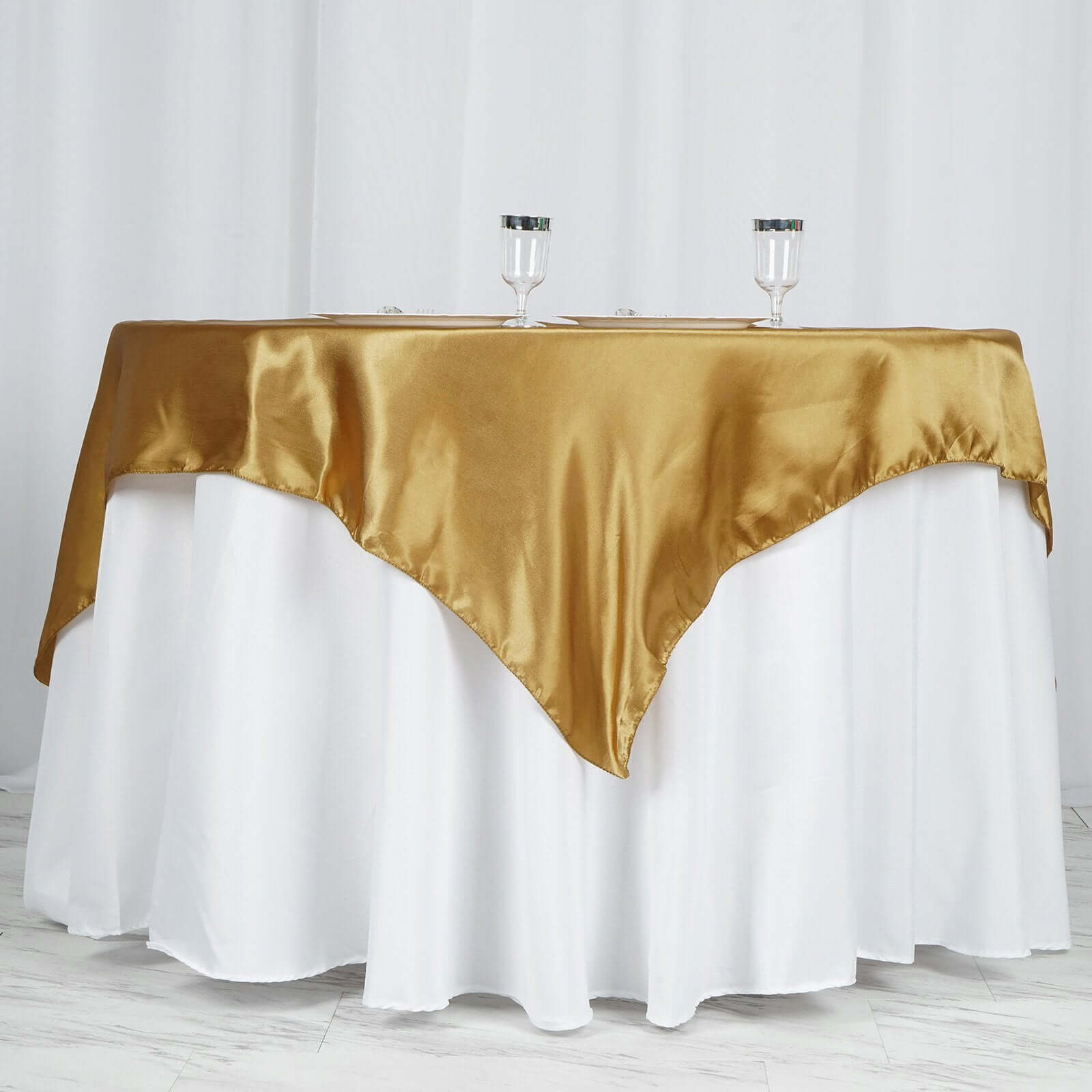60x60 Gold Satin Square Table Overlay - Smooth Silky Table Cover for Elegant Events