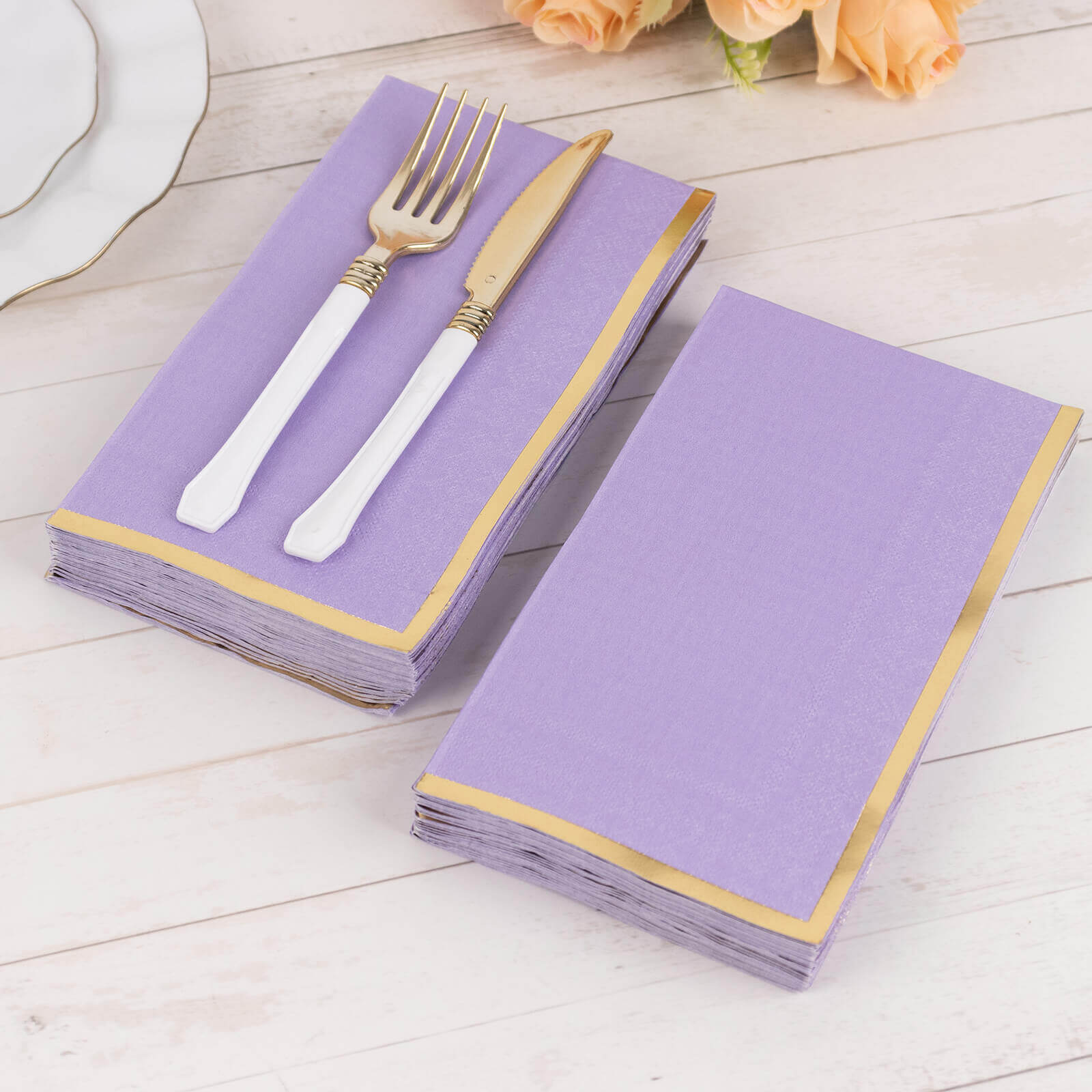 Get 50-Pack Stylish 2-Ply Disposable Paper Dinner Napkins in Lavender with Gold Foil Edge