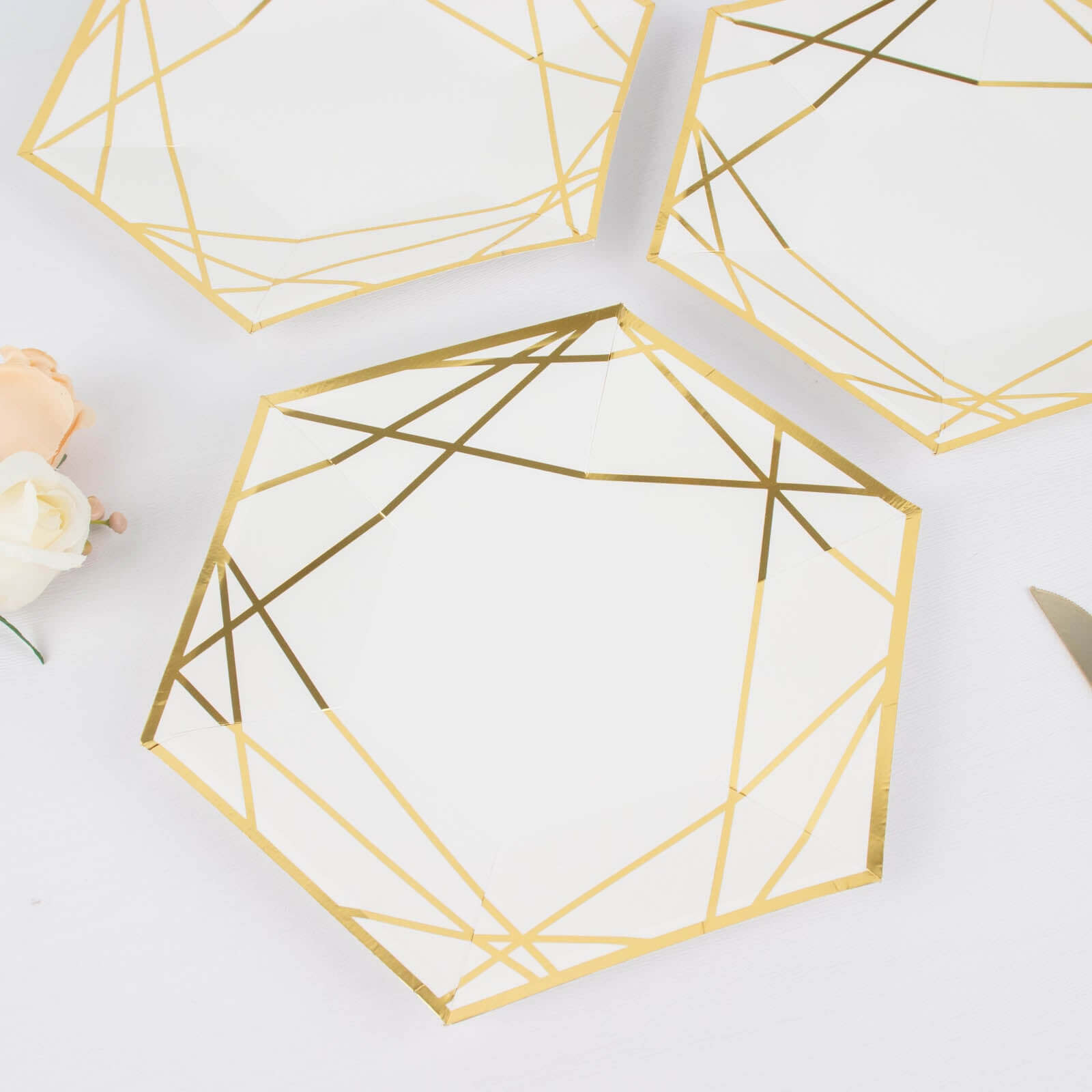 25-Pack White Paper Hexagon Dinner Plates with Gold Geometric Design - Great Value!