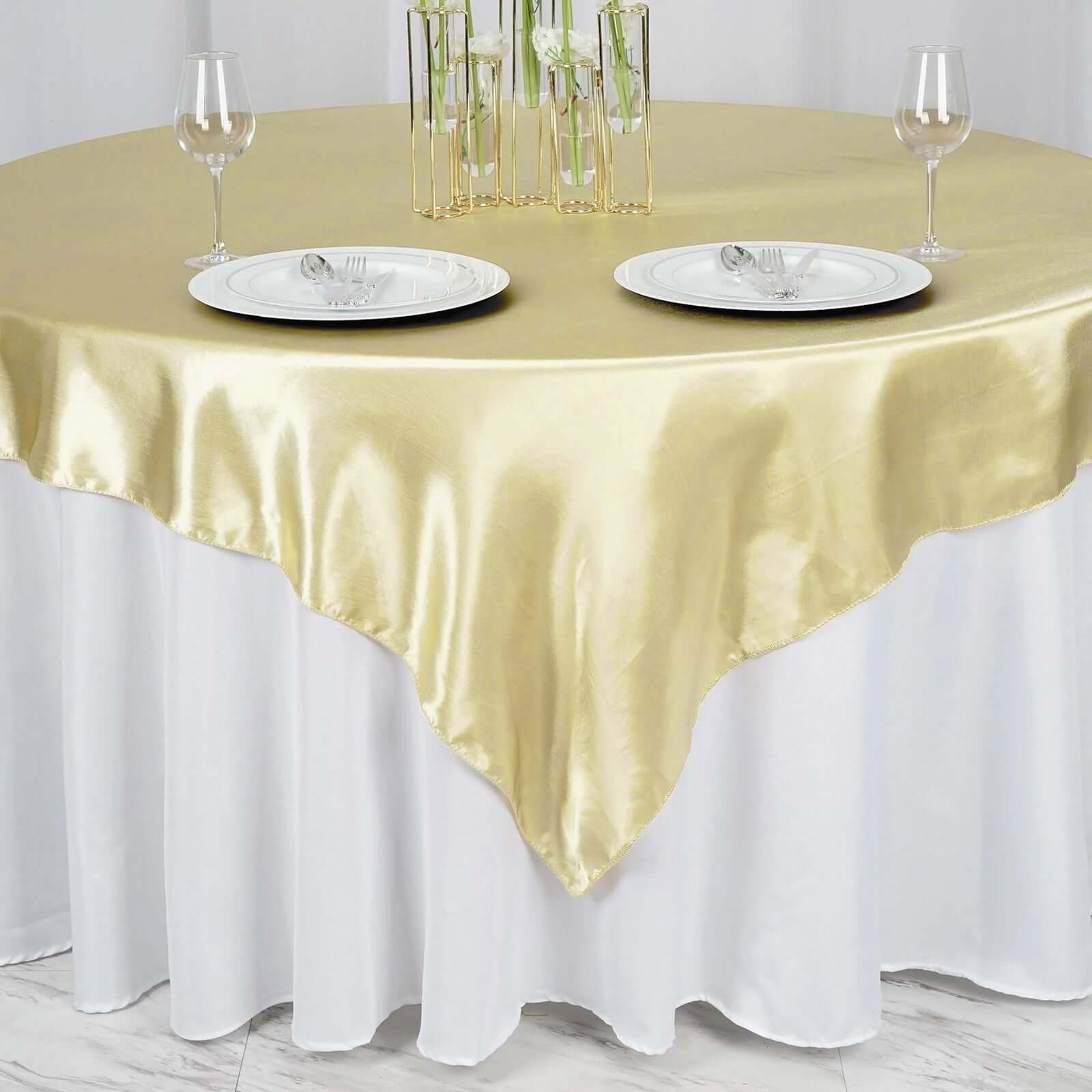 Champagne Satin 72x72 Square Table Overlay - Smooth Finish for Events