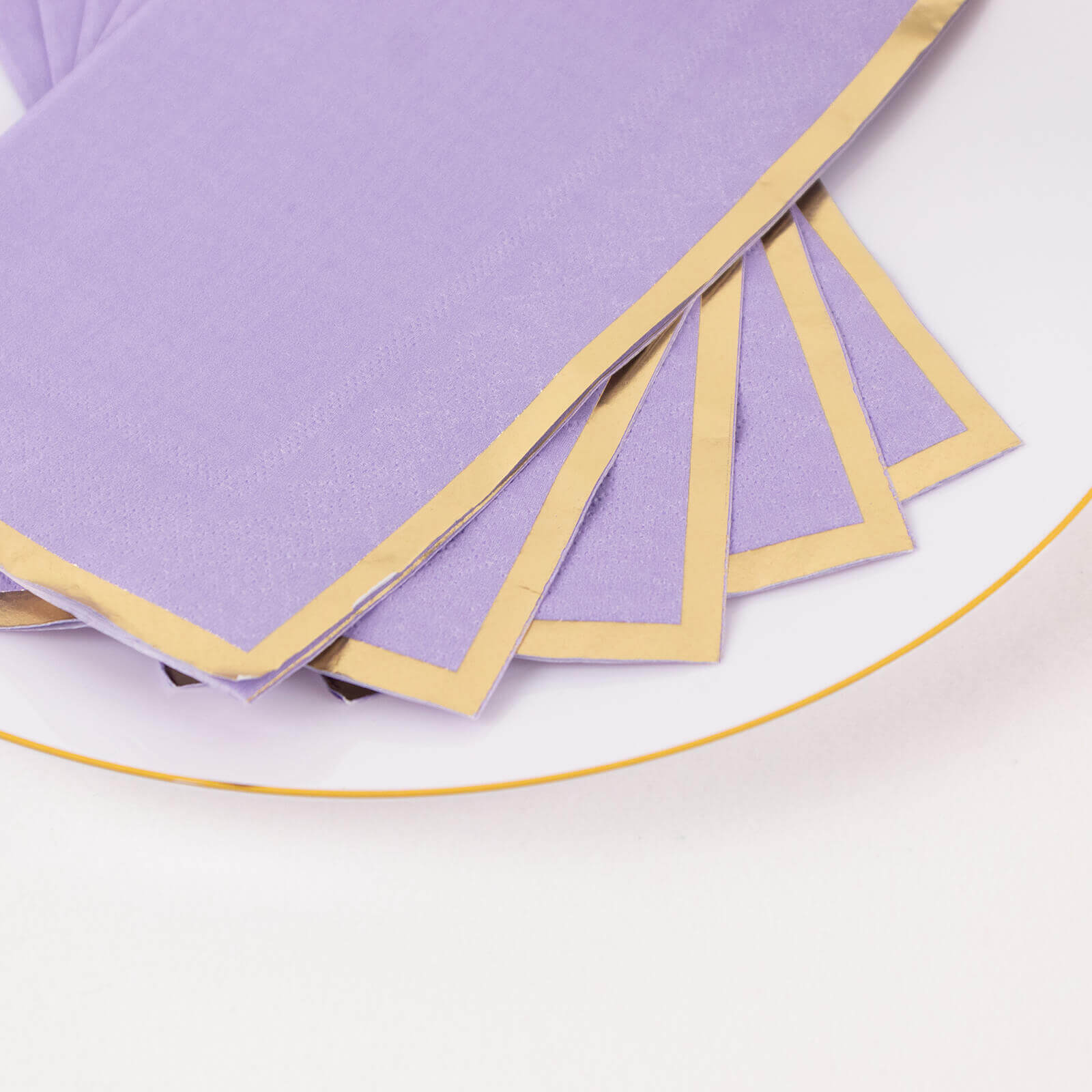 Get 50-Pack Stylish 2-Ply Disposable Paper Dinner Napkins in Lavender with Gold Foil Edge
