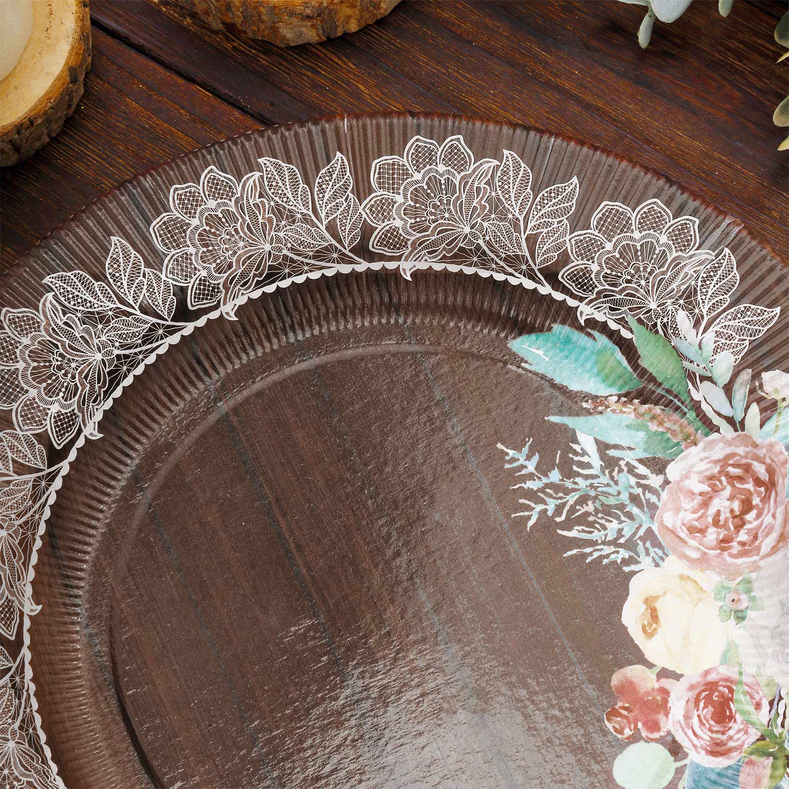 25-Piece Disposable 8-Inch Round Brown Wood Print Dessert Plates with Floral Lace Rim for Rustic Events