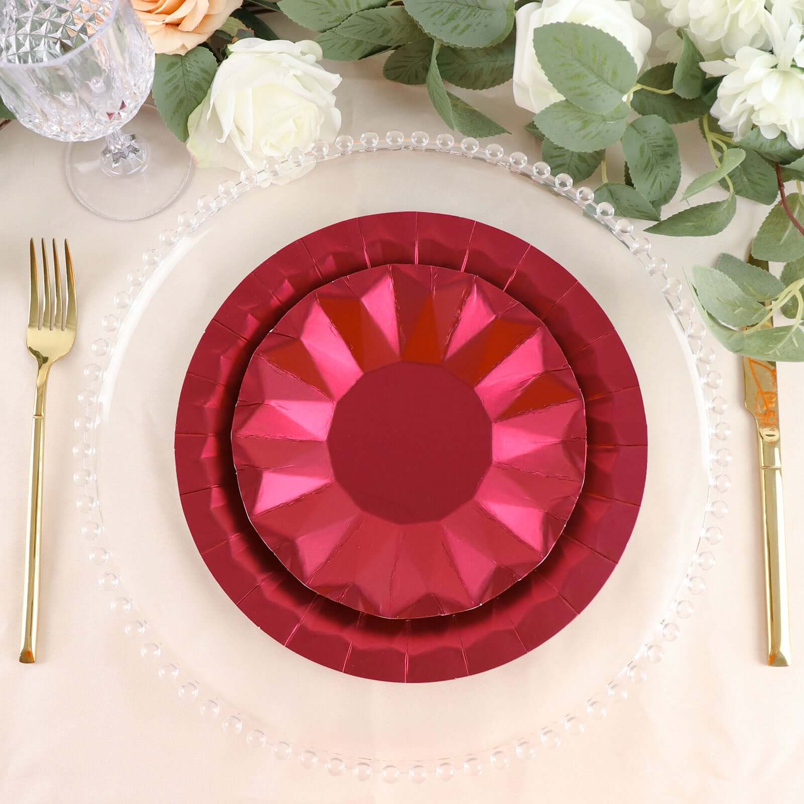 25-Pack 7-Inch Disposable Burgundy Round Dessert Plates with Geometric Prism Rim, 400GSM
